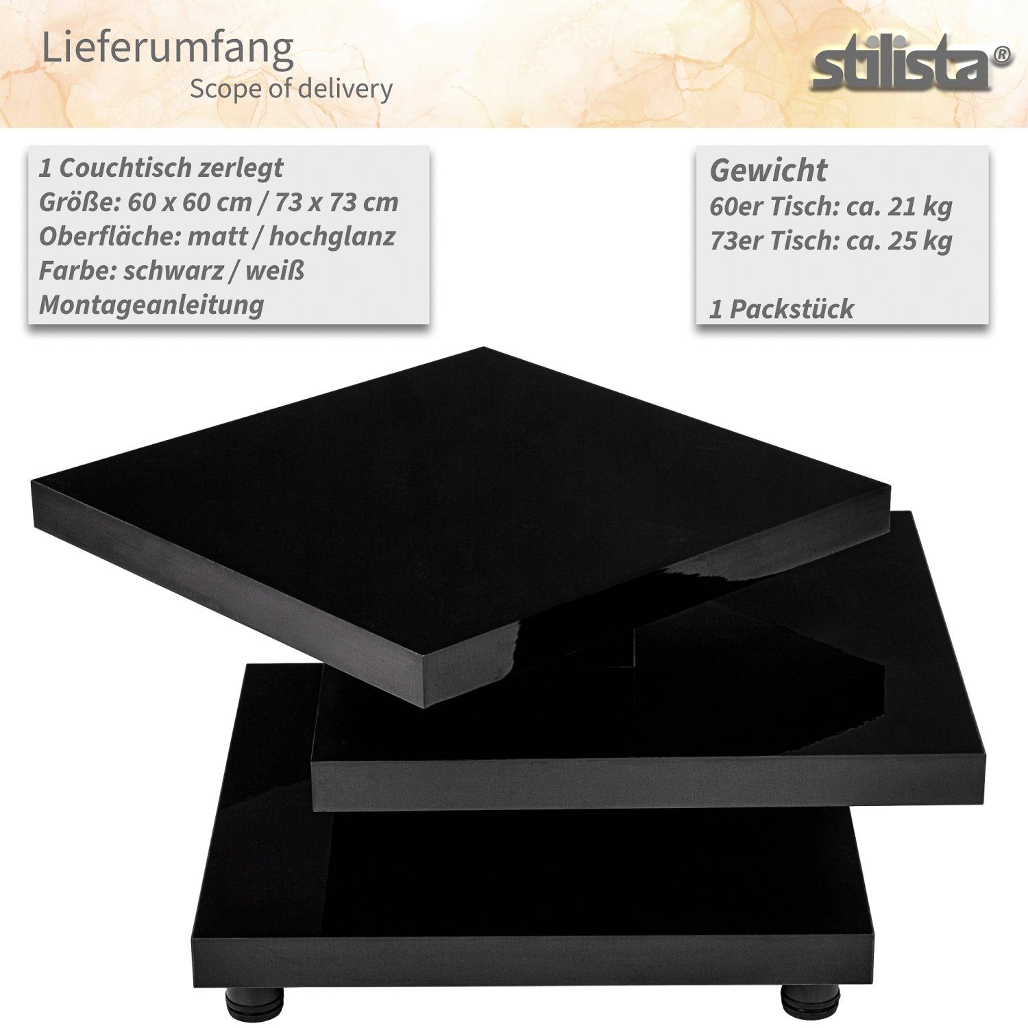 Cube-Design, Beistelltisch STILISTA 360° Matt schwenkbare Wohnzimmertisch Größenwahl Tischplatten, und Schwarz Couchtisch Sofatisch, Farb-
