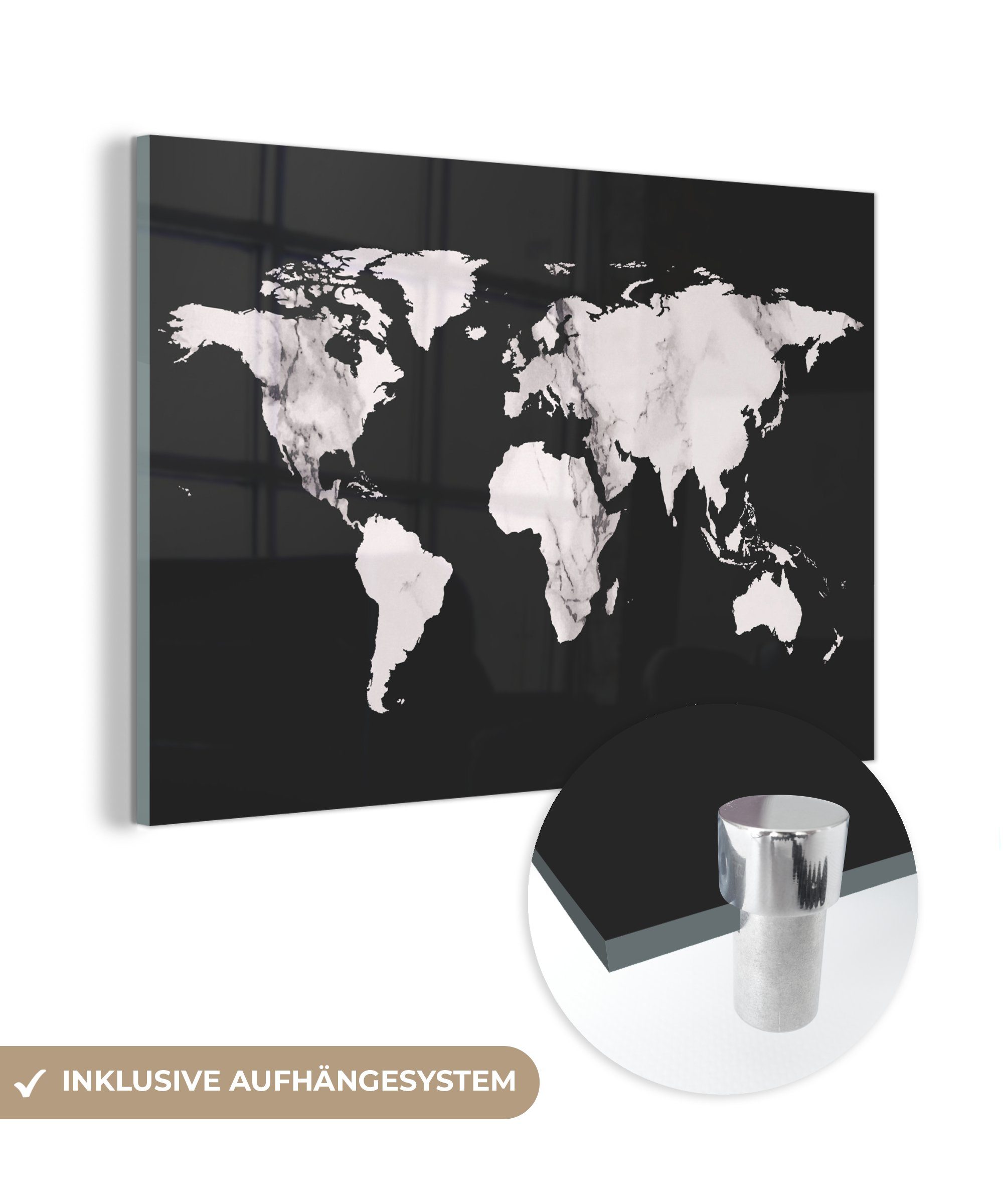 Weltkarte Acrylglasbild Glasbilder - - Wandbild Weiß, Bilder Wanddekoration auf - - Foto St), MuchoWow - Marmor Glas Glas (1 auf