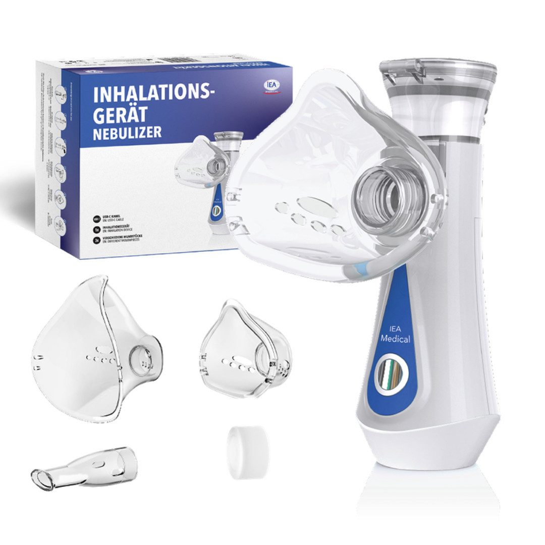 IEA Medical Inhalationsgerät JM-06802 mobiler Vernebler, leise für unterwegs, feine Zerstäubung, Komplettset 5-tlg., inkl. Masken & Mundstück, für Kinder & Erwachsene, bei Asthma, Erkältung & Atemwegserkrankungen