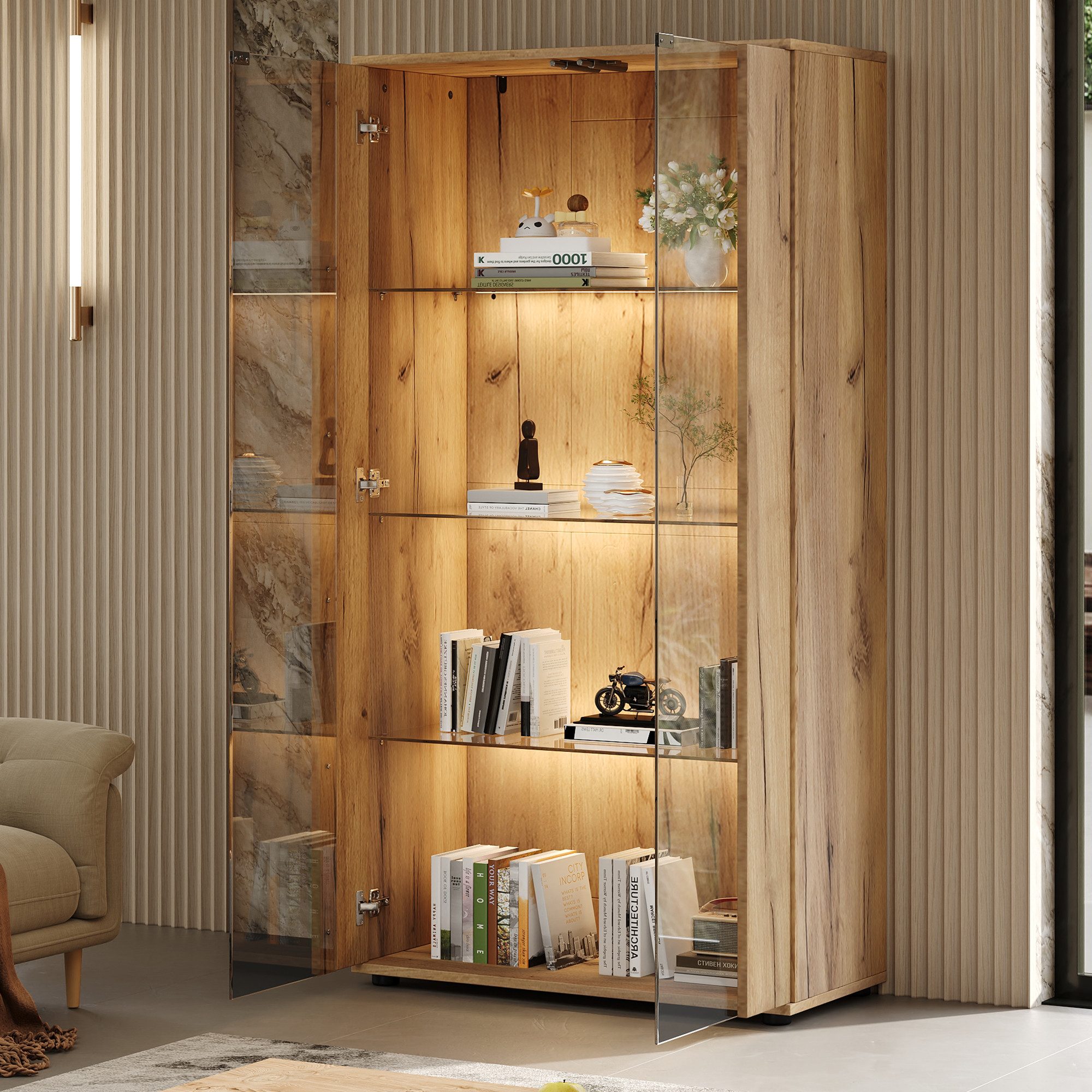 STILVORA Highboard Vitrine mit 2 Glastüren Hochschrank mit LED-Beleuchtung (Aufbewahrungsschrank mit Vitrinenfächern, 4 Ablagen, 2 transparente Fronten, verstellbares Licht, modernes Design), für Wohnzimmer, Flur und Schlafzimmer