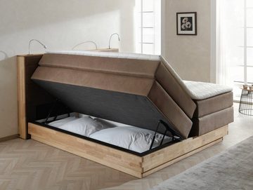 Moebel-Eins Boxspringbett, MENOTA Boxspringbett mit Bettkasten, massivem Holzrahmen und Bezug im Vintage Look