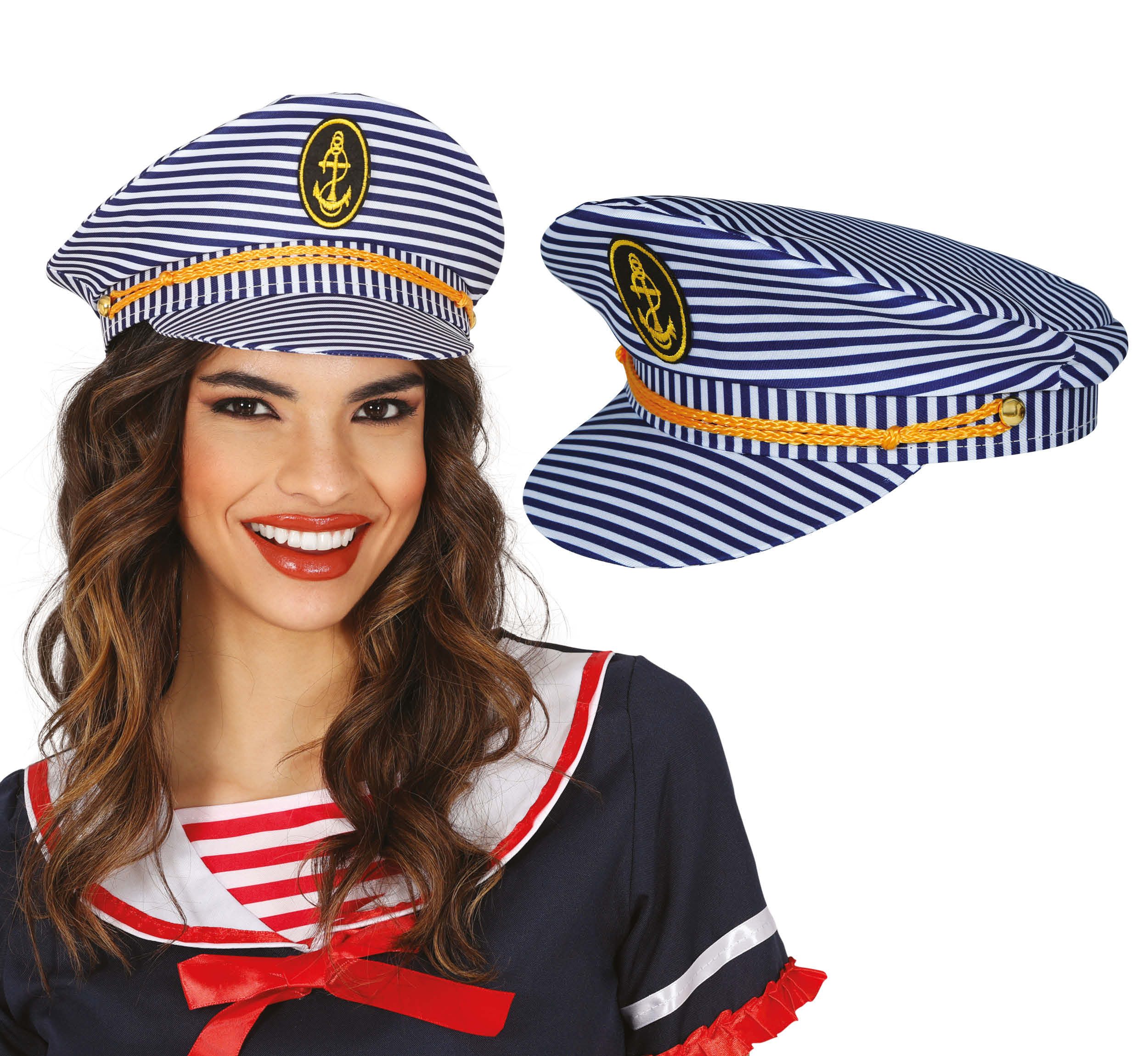 Fiestas Guirca Kostüm, Lotsenmaritime Mütze Captain Segeltuch Streifen Blau günstig online kaufen