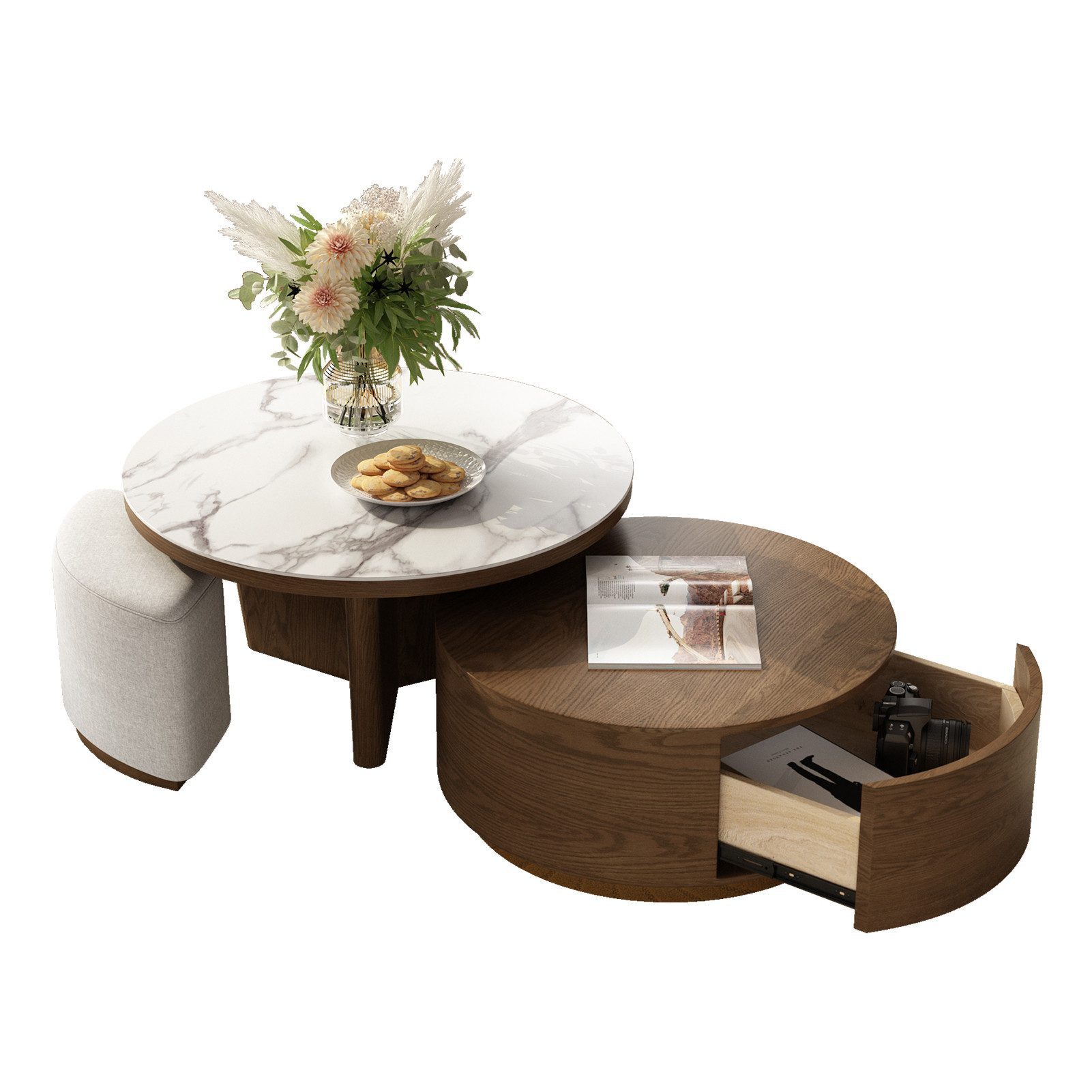 Graceabode Couchtisch mit 2 Beistelltischen aus Walnuss, runder Stein-Marmortisch (1-St), Wohnzimmer tisch mit Schublade und Hockern