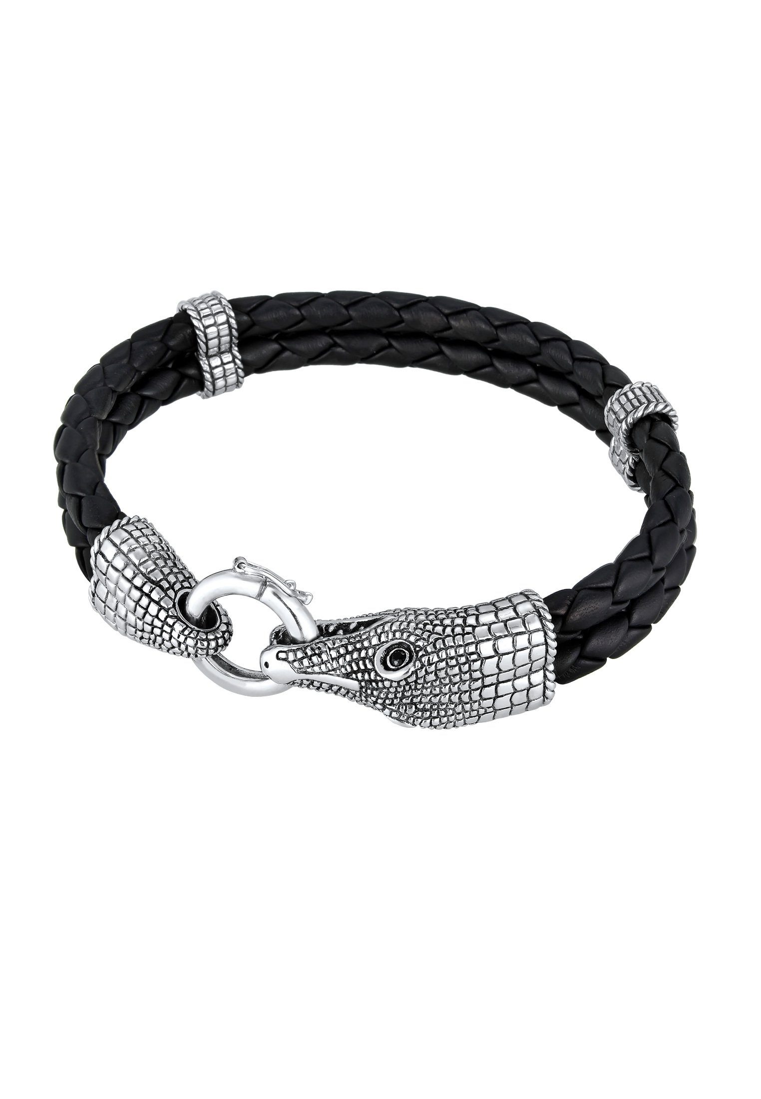 925 Kuzzoi Ring-Verschluss Sterling Lederarmband mit Cooles Herren Silber, geflochten Armband Lederarmband Krokodil