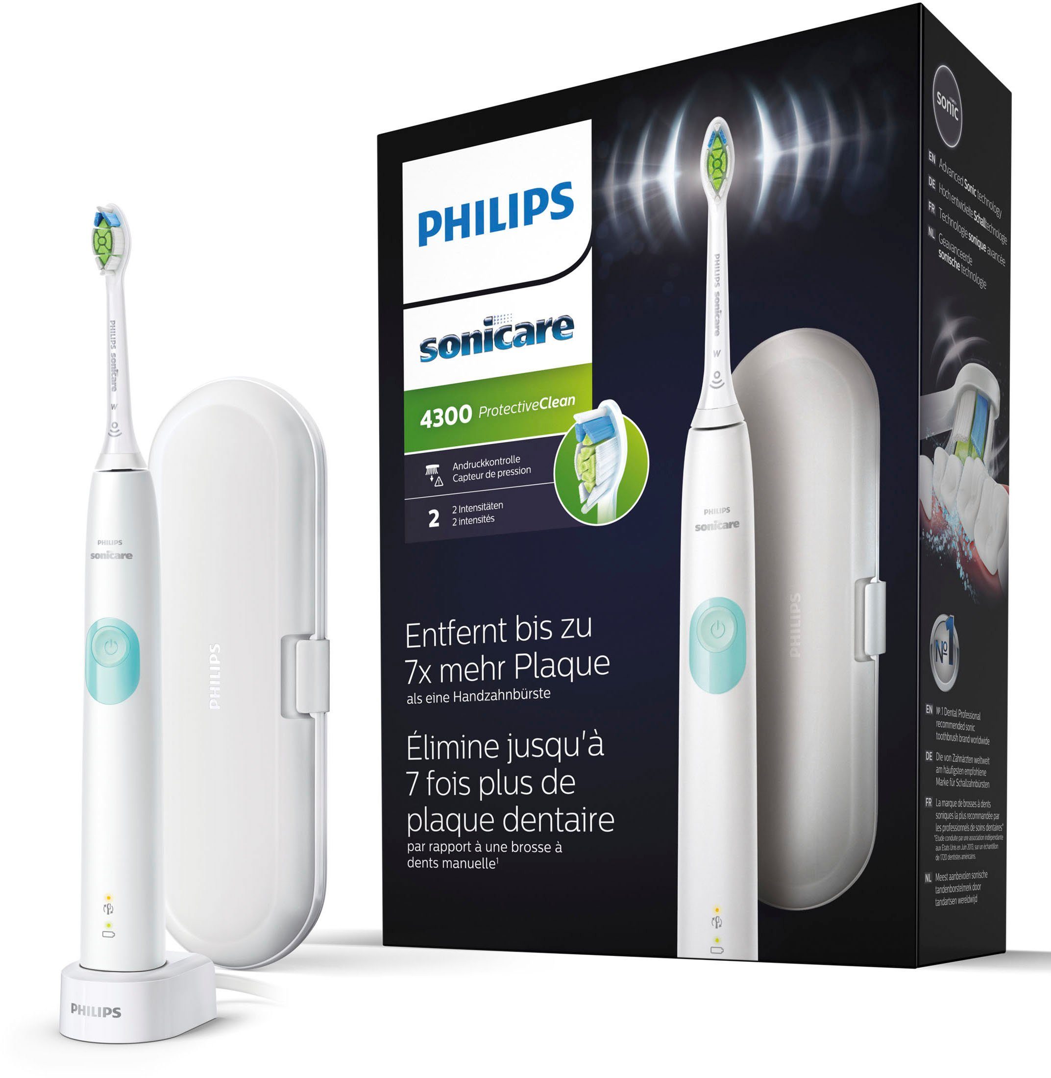Philips Sonicare Elektrische Zahnbürste ProtectiveClean Funktion, Aufsteckbürsten: Ladestation, 1 St., BrushSync Schalltechnologie 4300 und mit HX6807/28, Reiseetui