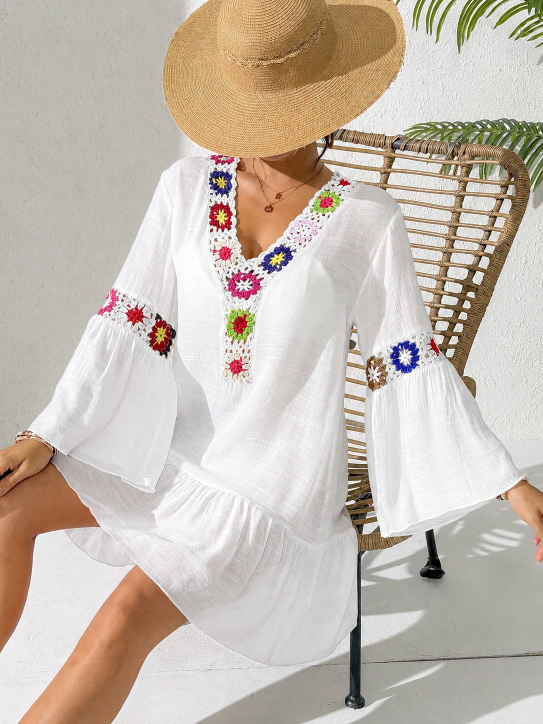 MOPUEA Strandkleid Strandkleid Damen Boho Tunika V Ausschnitt Häkelspitze Große Größen (1-tlg) Bikini Cover Up Mit Häkelblumen Volantsaum Strandtunika Sommerkleid