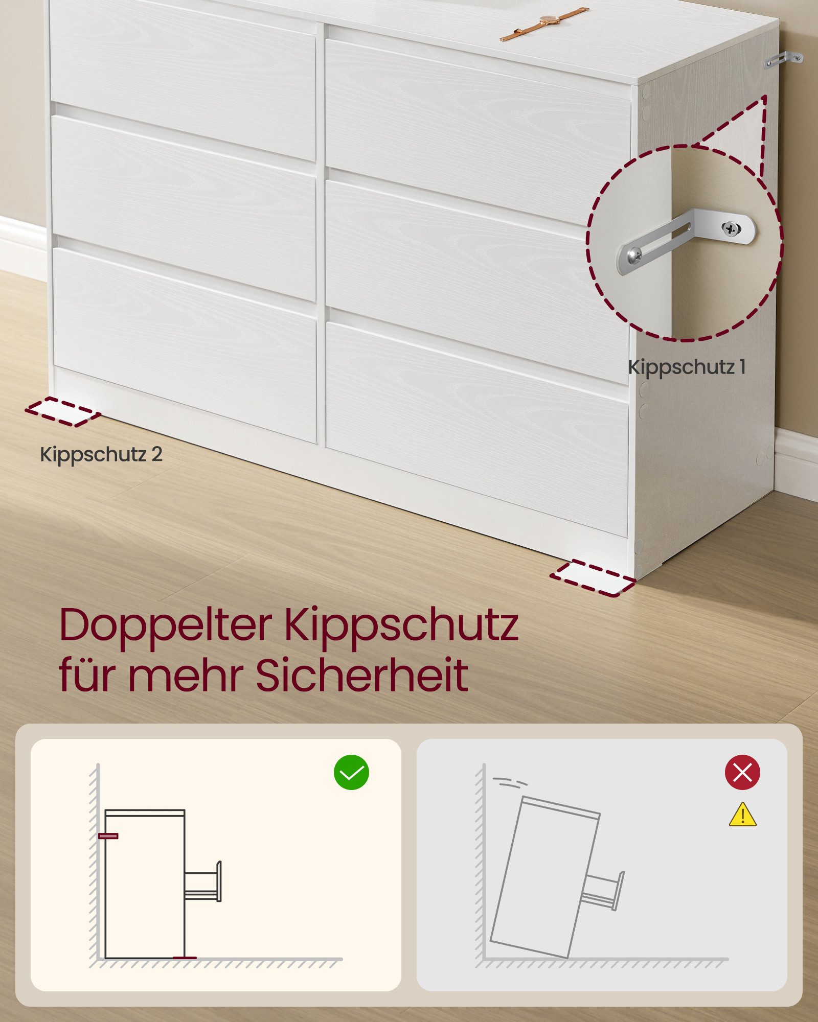 VASAGLE Kommode, mit 6 / 8 Schubladen, Aufbewahrungsschrank, Wäschekommode modern