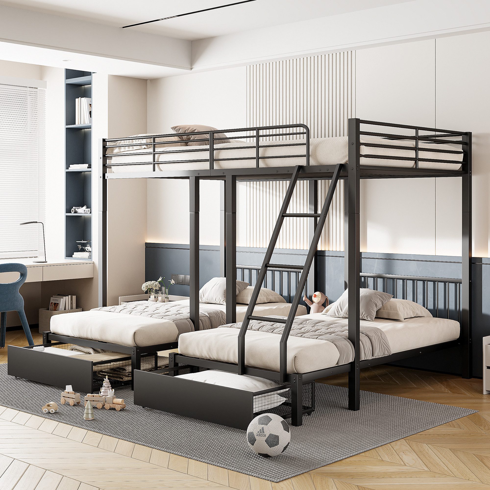 HAUSS SPOLE Etagenbett mit Schubladen, 140 x 200 und zwei 90 x 200 Einzelbetten, schwarz (umwandelbar in 140 x 200 Doppelbett und zwei 90 x 200 Einzelbetten, mit Schubladen), ohne Matratze