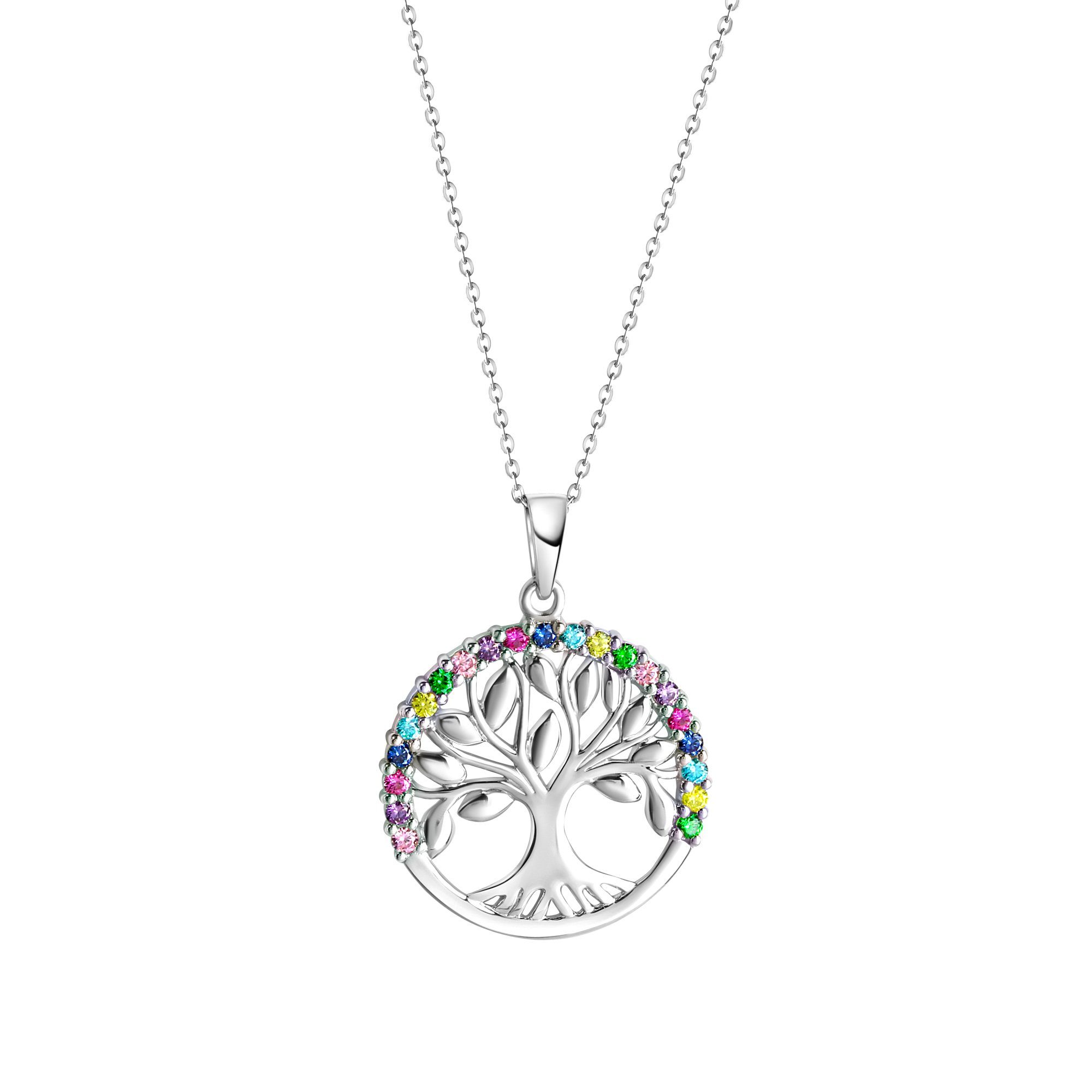 Kette mit Anhänger Silber 925 rhodiniert mit Lebensbaum-Motiv und Zirkonia-Steinen