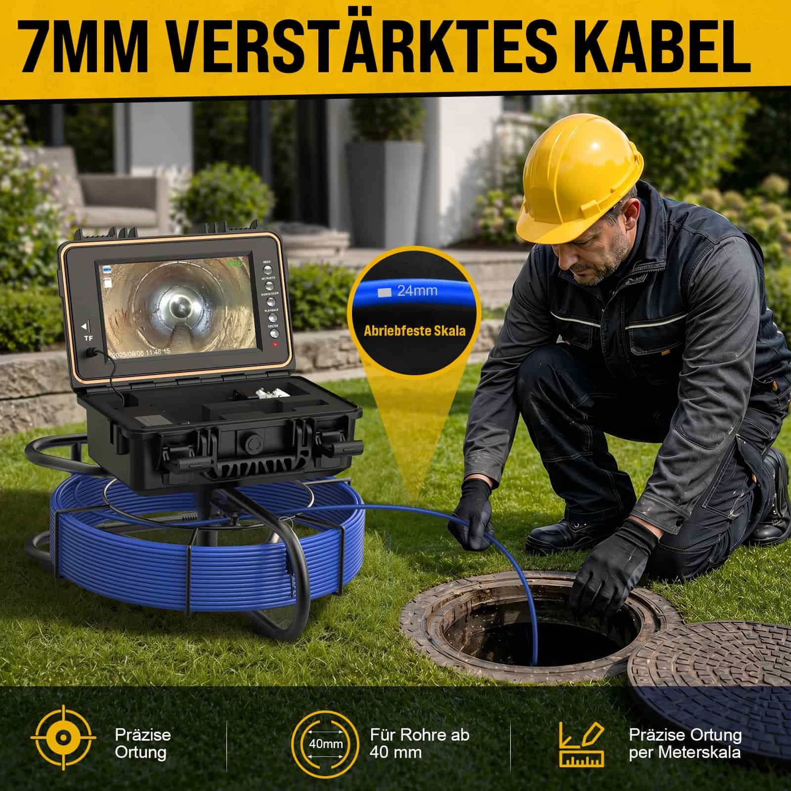 ANYSUN L09D2 Kanalkamera 30m mit Selbstnivellierend Meterzähler 512-Hz-Sender Inspektionskamera (Rohrkamera mit DVR, Audioaufnahme, HD 9" HD‑Display, 12 Licht 23mm Wasserdicht, 7mm Kable)