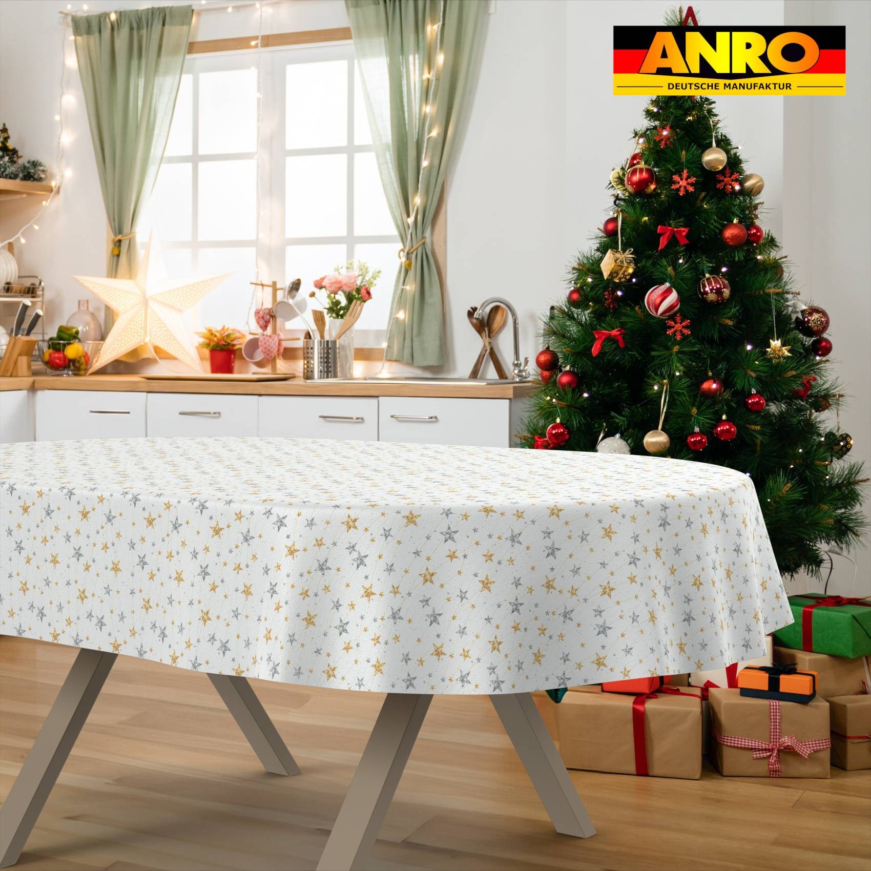 ANRO Tischdecke pflegeleicht Weihnachten Tischtuch Christmas Strene Tischwäsche (Einzelstück 1-tlg), Schutz-Beschichtung wasserabweisend Oval 160x140cm