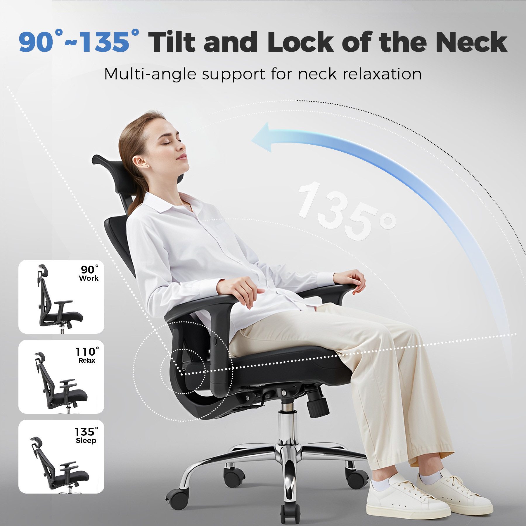 GTPLAYER Bürostuhl Ergonomischer Schreibtischstuhl mit 3D Lendenwirbelstütze & Kopfstütze, verstellbare Armlehnen, Office Chair mit Wippfunktion – Bild 3 von 5