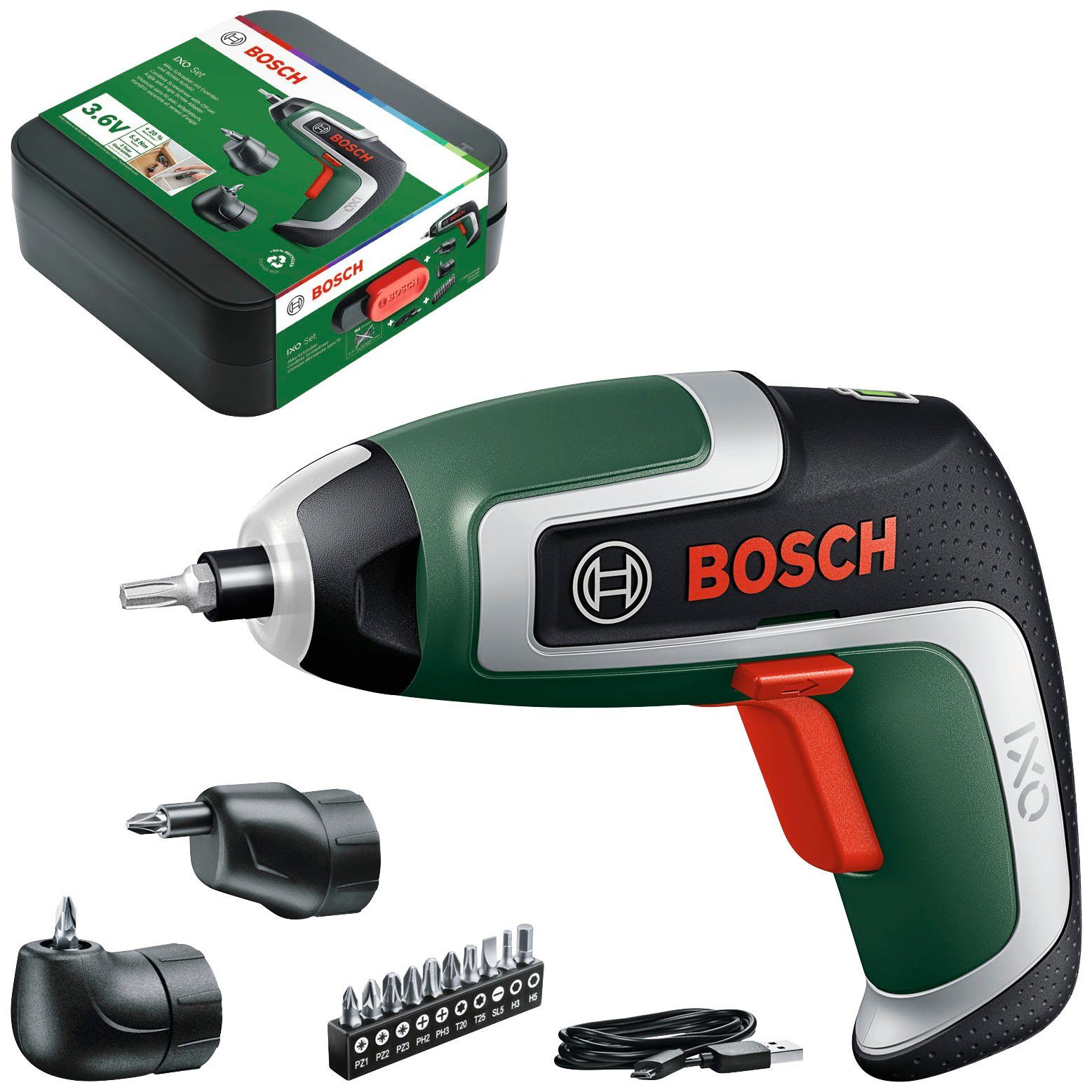 IXO Bosch Bit-Set, Exzenteraufsatz, 7, Aufbewahrungsbox Home & (Set), Nm, 10-tlg. 5,5 mit Garden Winkelaufsatz, Akku-Schrauber