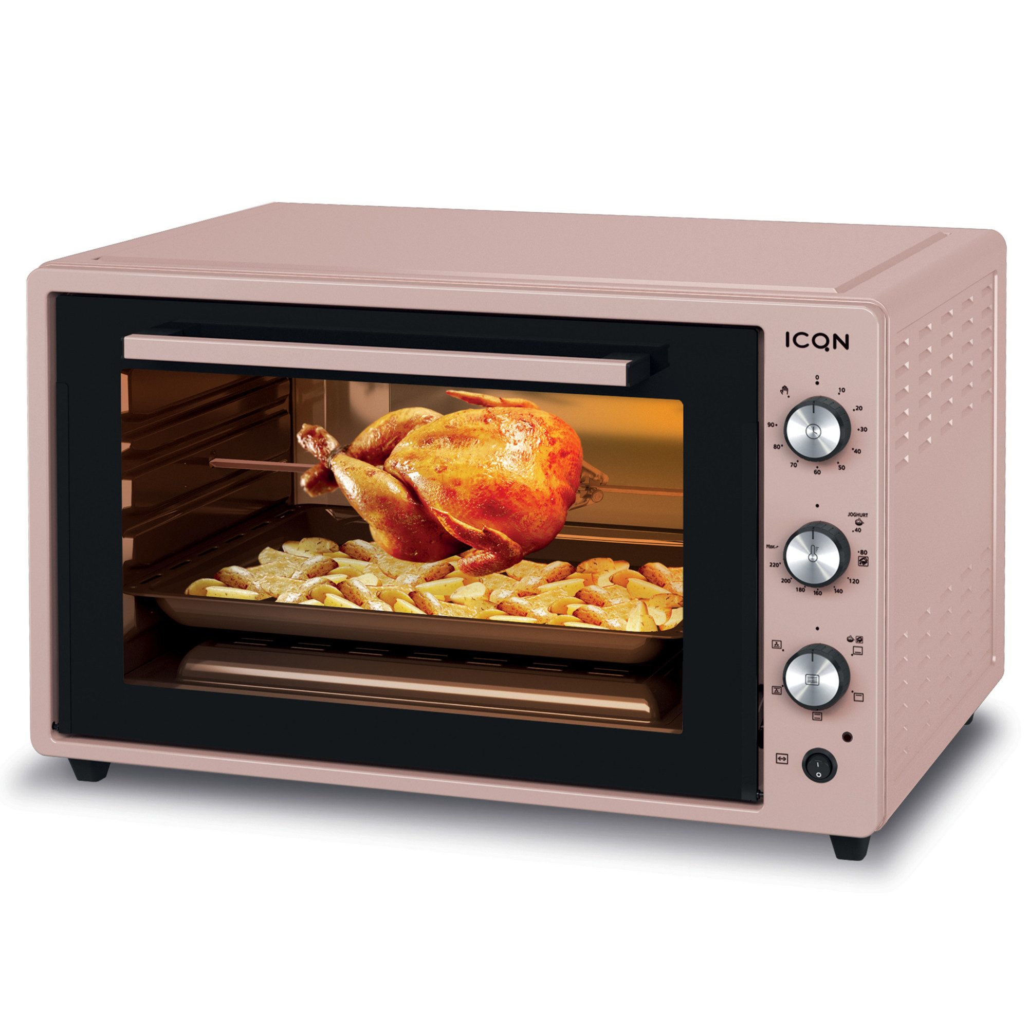 ICQN Minibackofen 60 Liter XXL, inkl. Backblech Set, 40°-230°C, Umluft, Pizza-Ofen, Doppelverglasung, Drehspieß, Timer, Emailliert