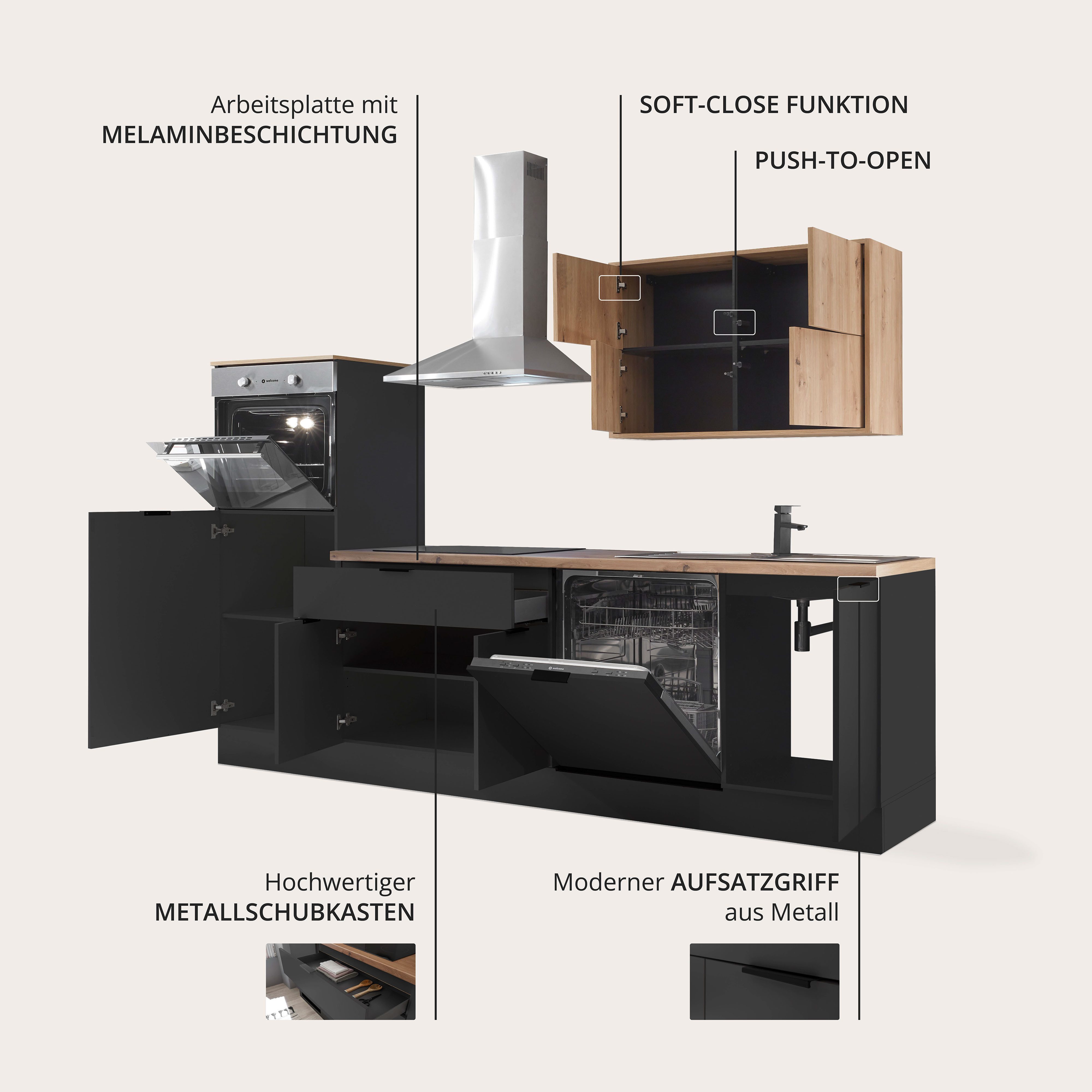 Coin cuisine Kitchenette KS-Georgia, avec plan de travail de 38 mm d'épaisseur, largeur 260 cm, avec appareils électroménagers et réfrigérateur en option