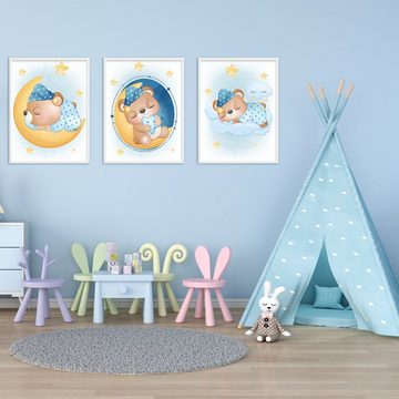 Tigerlino Poster 3er Set Kinderzimmer Bilder Babyzimmer Kinderposter Bär Blau