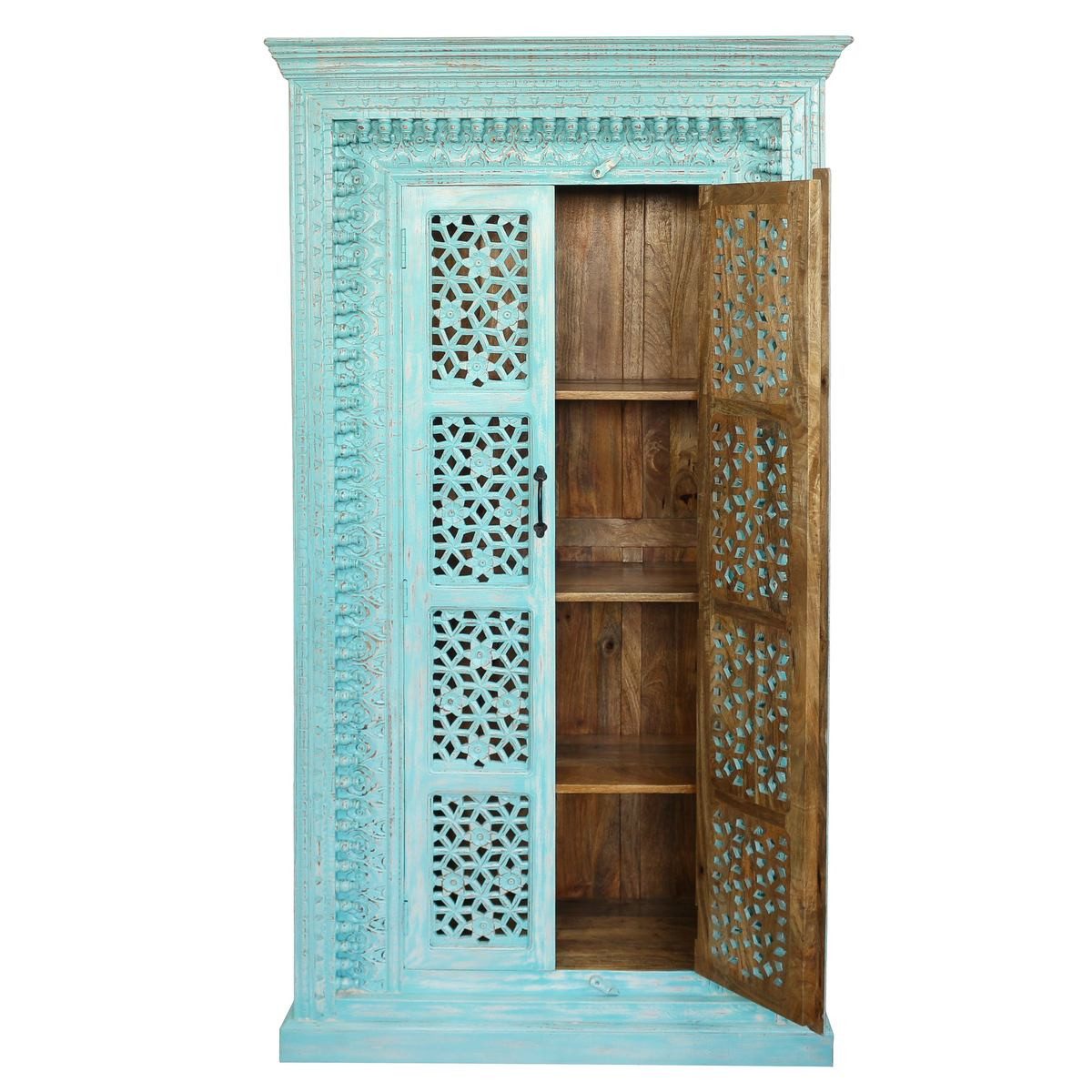 Oriental Galerie Mehrzweckschrank Blau Türkis Schrank Amba Indien 190 cm Schrank Türkis Holz, Schlafzimmerschrank, Wohnzimmer
