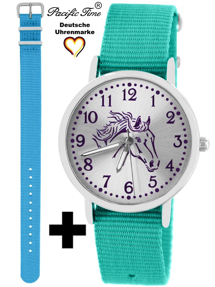 Pacific Time Quarzuhr Set Kinder Armbanduhr Pferd violett Wechselarmband, Mix und Match Design - Gratis Versand hellblau und türkis