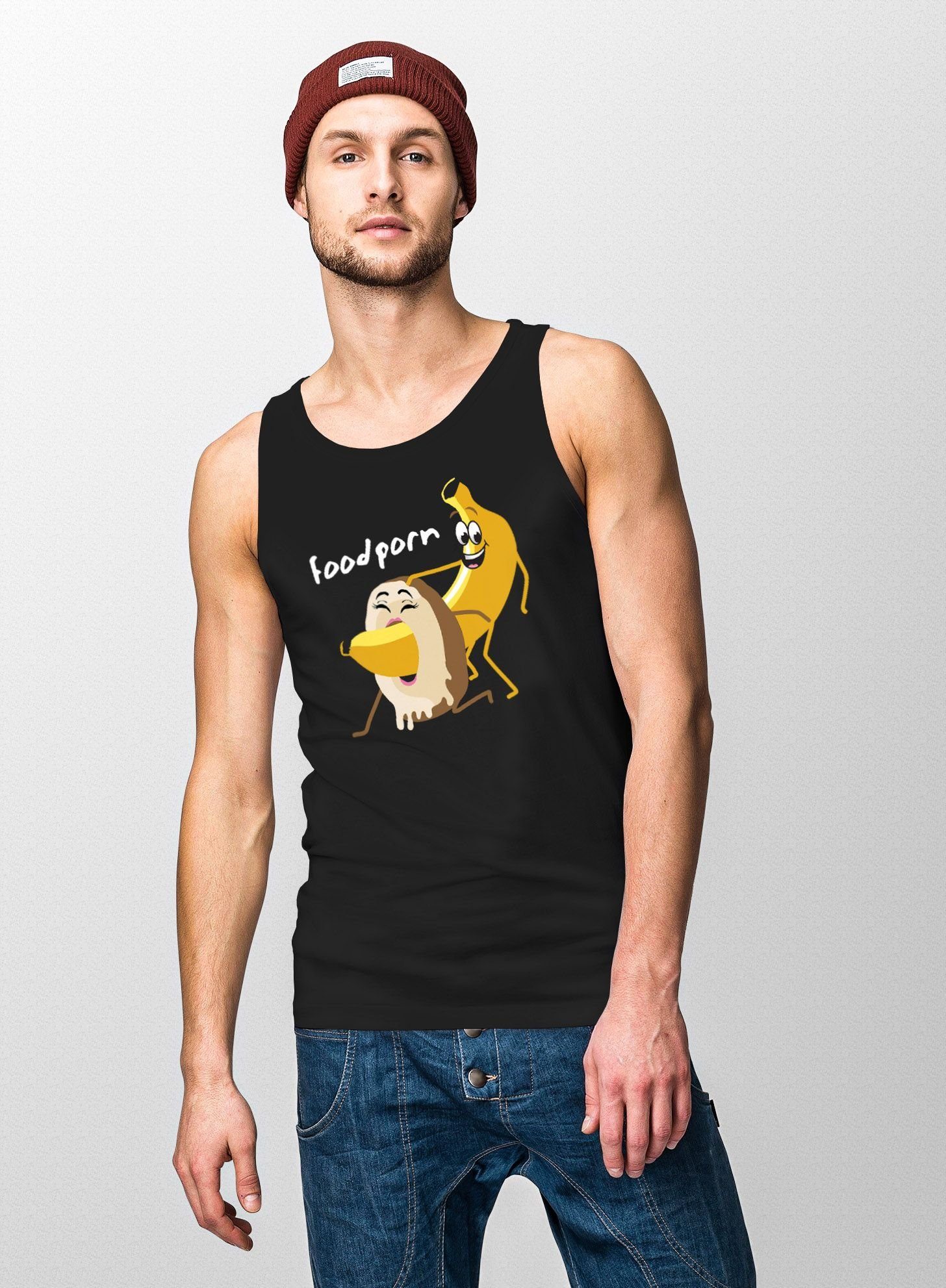 MoonWorks Tanktop Herren Tanktop Food Porn Motiv Spruch lustig Banane Donut Muscle mit Print