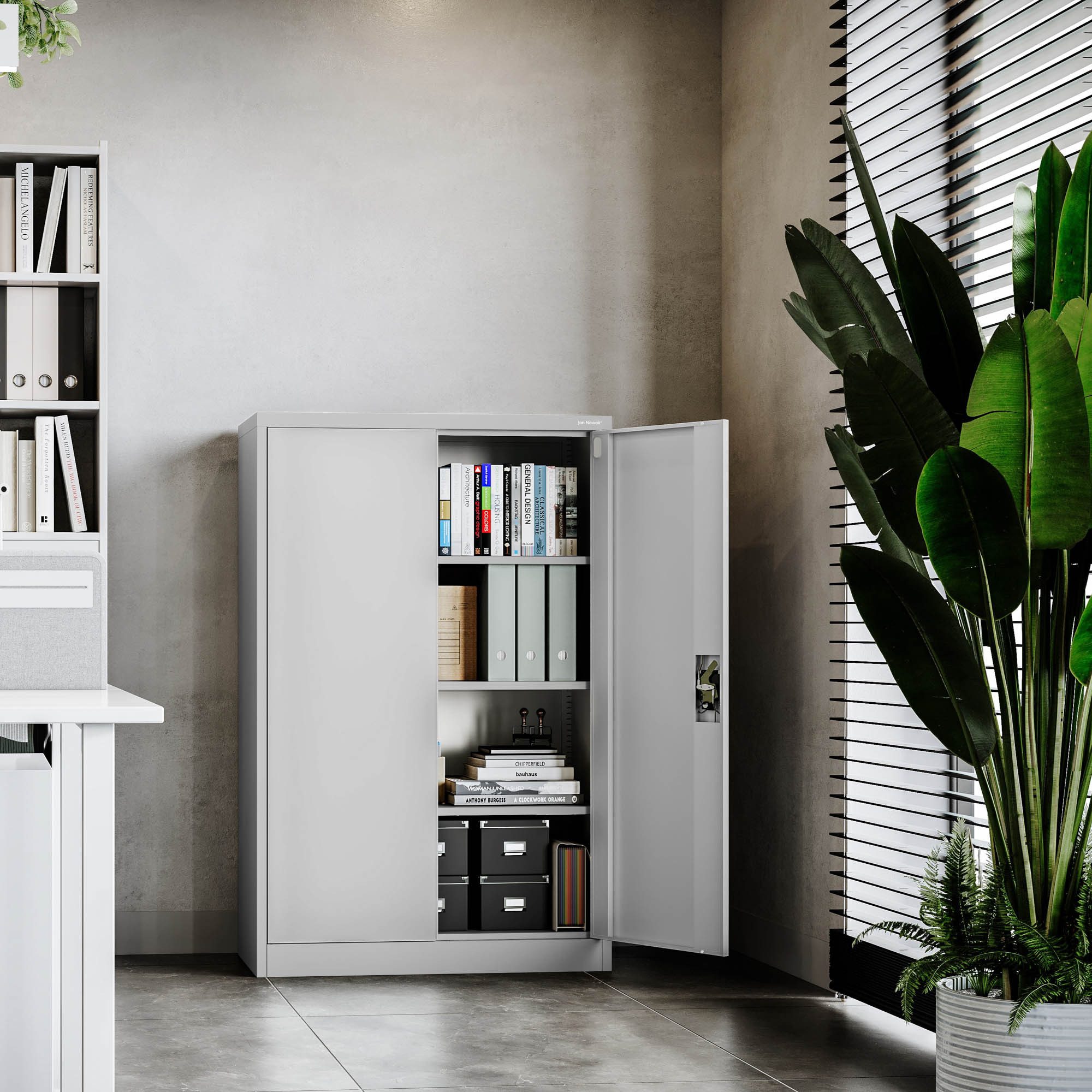 Jan Nowak Aktenschrank Metall Büroschrank abschließbar 90 cm KEVIN 3 Böden Stahl kompakt (Stahl 0,6 mm Wandmontage möglich PZH-zertifiziert 140 cm) Aktenschrank 30 Ordner Schloss 2 Schlüssel robust 5 Farben