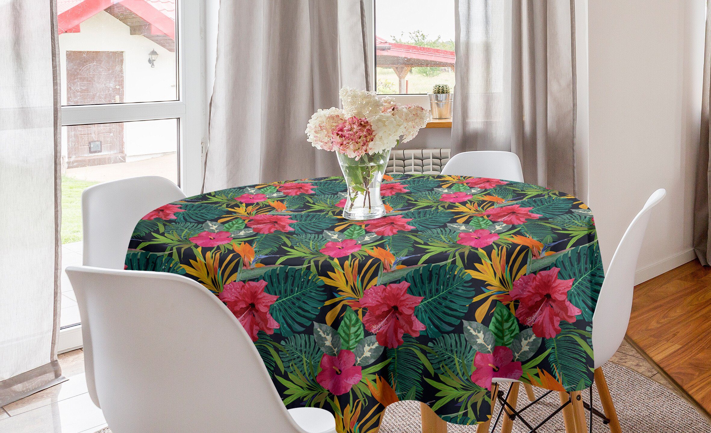 Abdeckung Tischdecke für Tischdecke Esszimmer Küche Verlässt Tropical Abakuhaus Dekoration, Hibiskus Insel Kreis