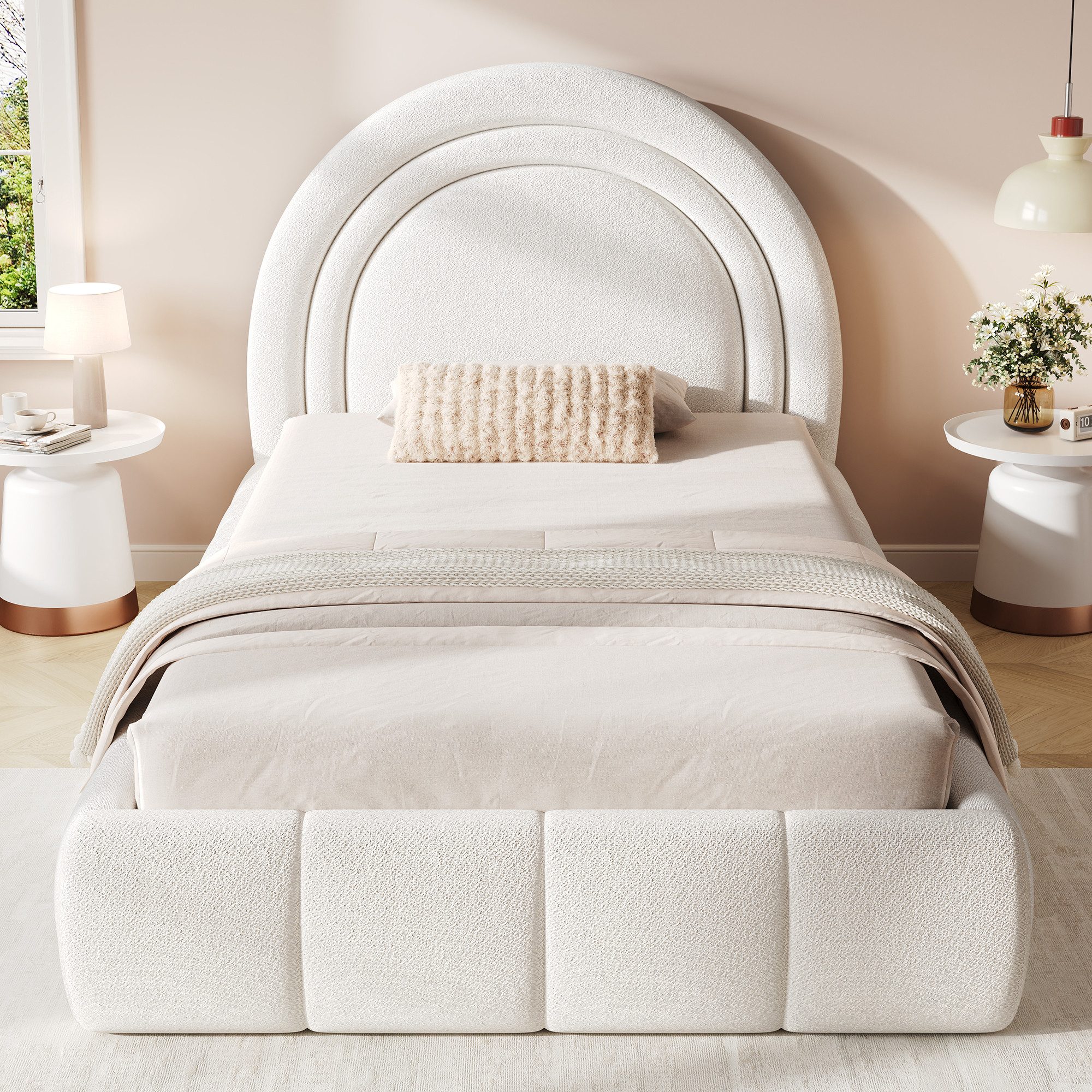 HAUSS SPOLE Polsterbett Polsterbett 90x200 Bettkasten,Funktionsbett mit Matratze,Bouclé,Beige (Märchenhaftes Kinderbett mit gepolstertem Kopfteil), Stauraumbett ohne Matratze
