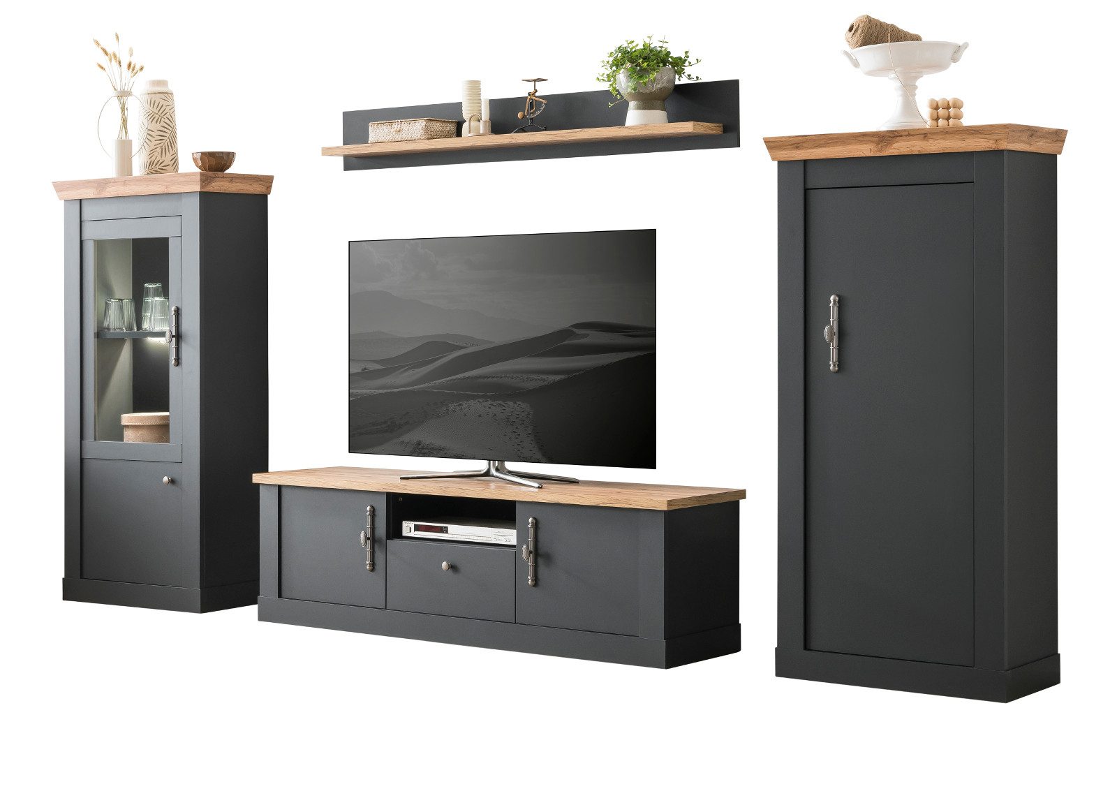 Furn.Design Wohnwand Ribera, (in matt grau und Wotan Eiche, 4-teilig, ca. 320 x 170 cm), mit Soft-Close-Funktion