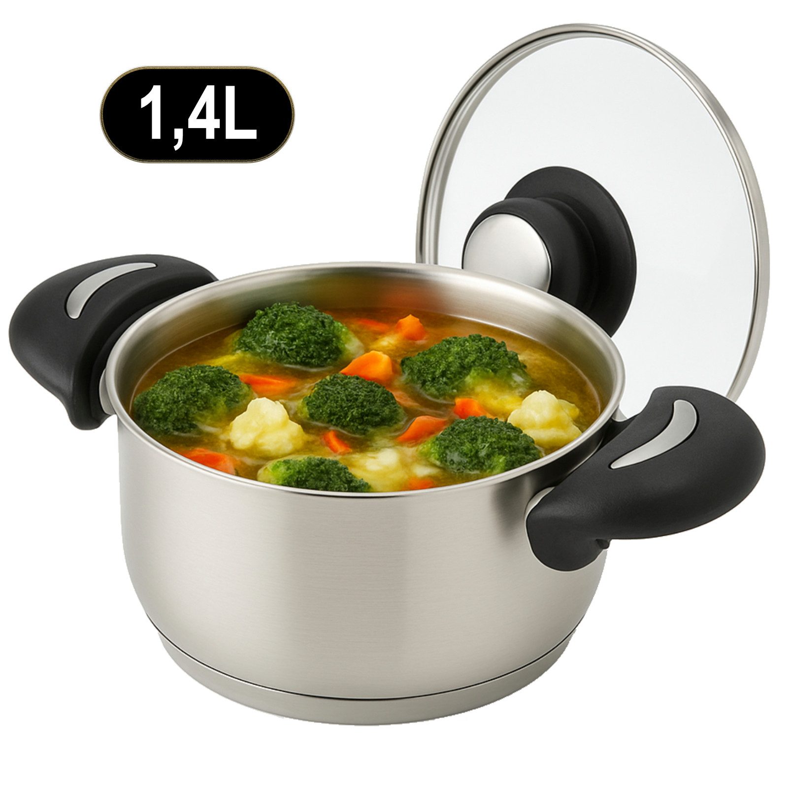 Koopman Kochtopf Edelstahl 1400 ml Universal Topf Ø 16 cm Glasdeckel 2 Griffe, Edelstahl (Stück, 1-tlg., Packung), 1400ml, Kasserolle, Suppentopf, Edelstahl, Glasdeckel