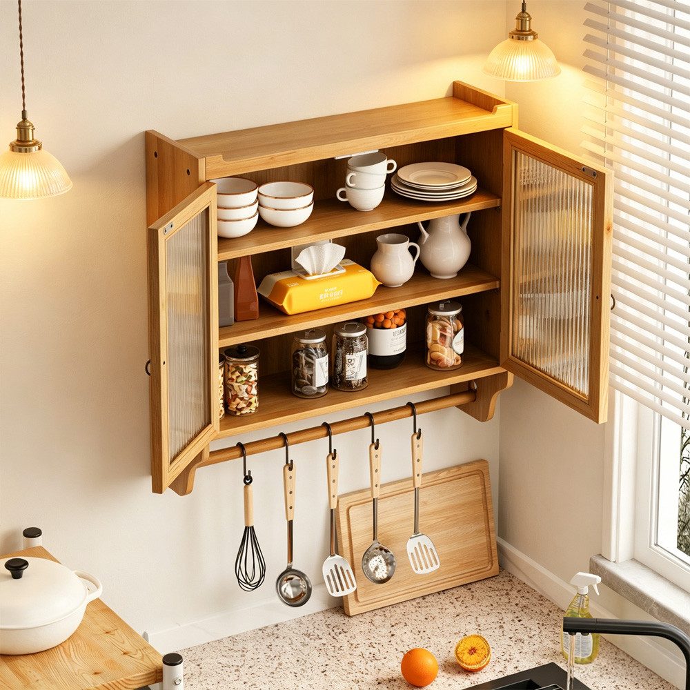 MODFU Hängeschrank Zweitüriger Wandschrank 70 cm,Stauraumschrank Hängevitrine (Vintage Glas-Wandregal mit Doppelglastüren und 3 Regalen – Wandmontage für Badezimmer, Küche, Esszimmer – Praktischer Handtuchhalter und Stauraum in Naturholzoptik) Gewichtskapazität: 5 kg pro Regal
