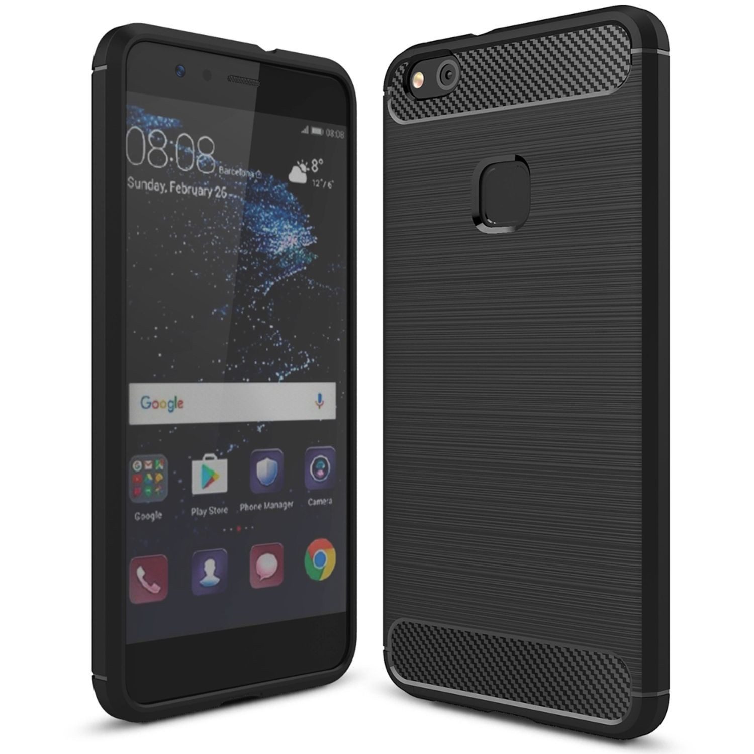Nalia Smartphone-Hülle Huawei P10 Lite 13,2 cm (5,2 Zoll), Carbon Look Silikon Hülle / Matt Schwarz / Rutschfest / Karbon Optik