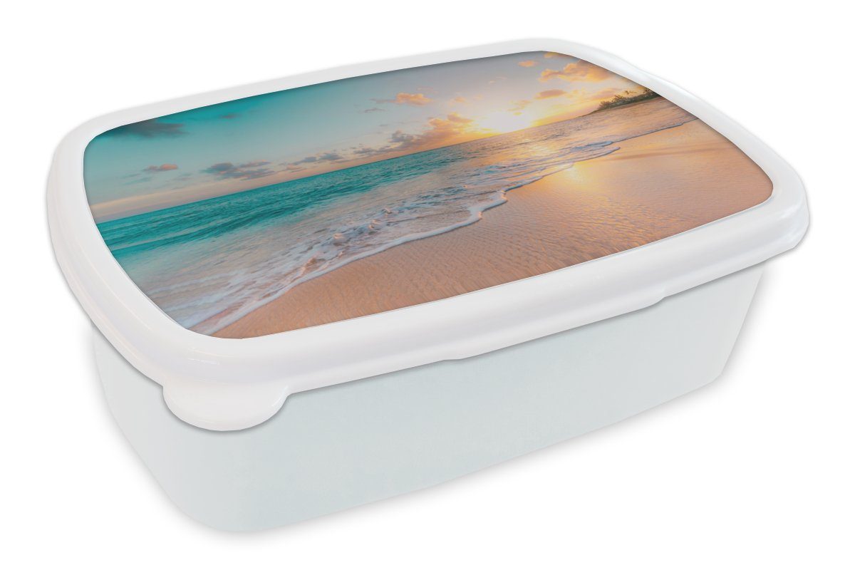 MuchoWow Lunchbox Sonnenuntergang - Strand - Meer - Sommer - Blau, Kunststoff, (2-tlg), Brotbox für Kinder und Erwachsene, Brotdose, für Jungs und Mädchen weiß