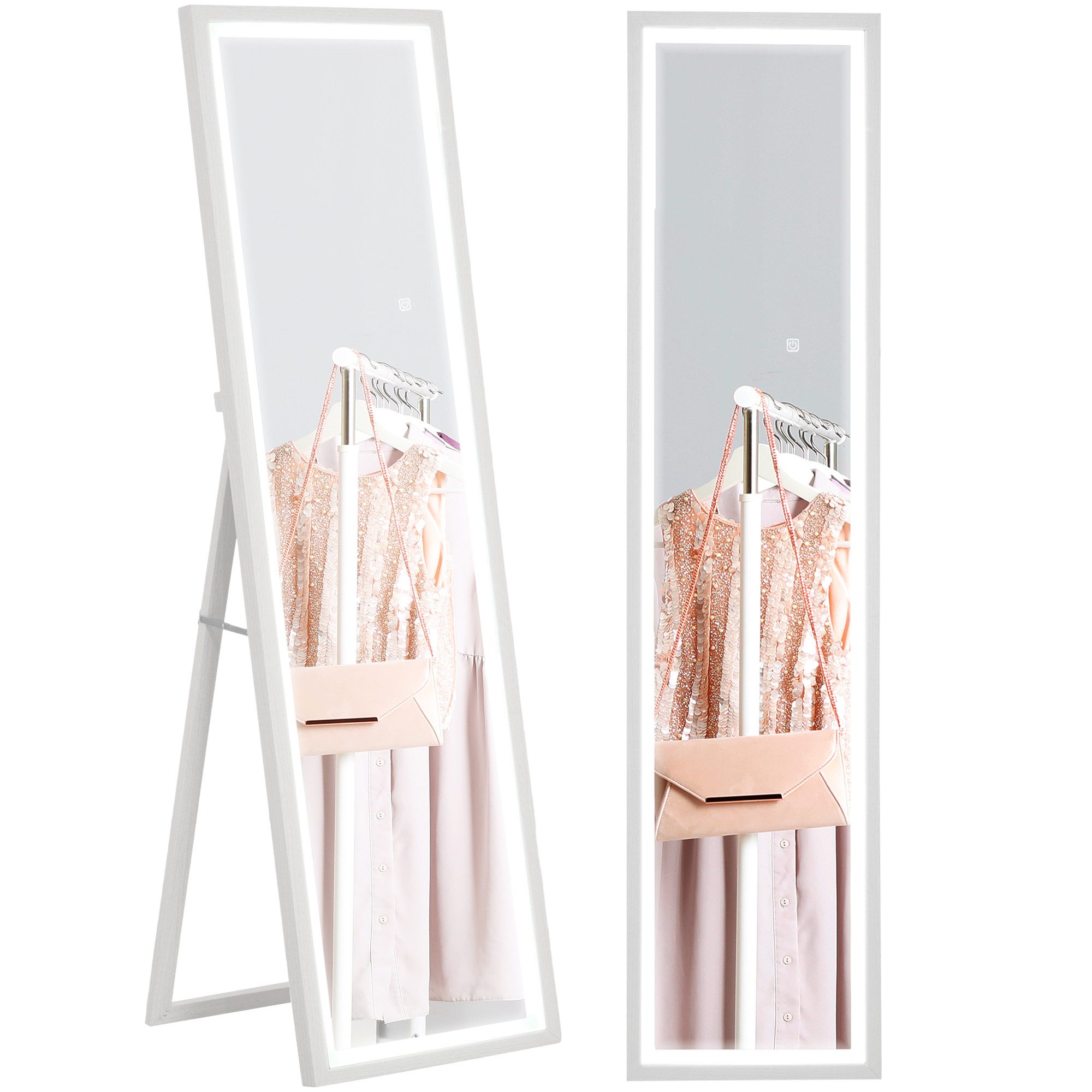 HOMCOM Standspiegel 40 x 160 cm, mit LED Lichte, Touch-Steuerung (Wandspiegel, 1-St., Ganzkörperspiegel), für Schlafzimmer, Wohnzimmer, Weiß