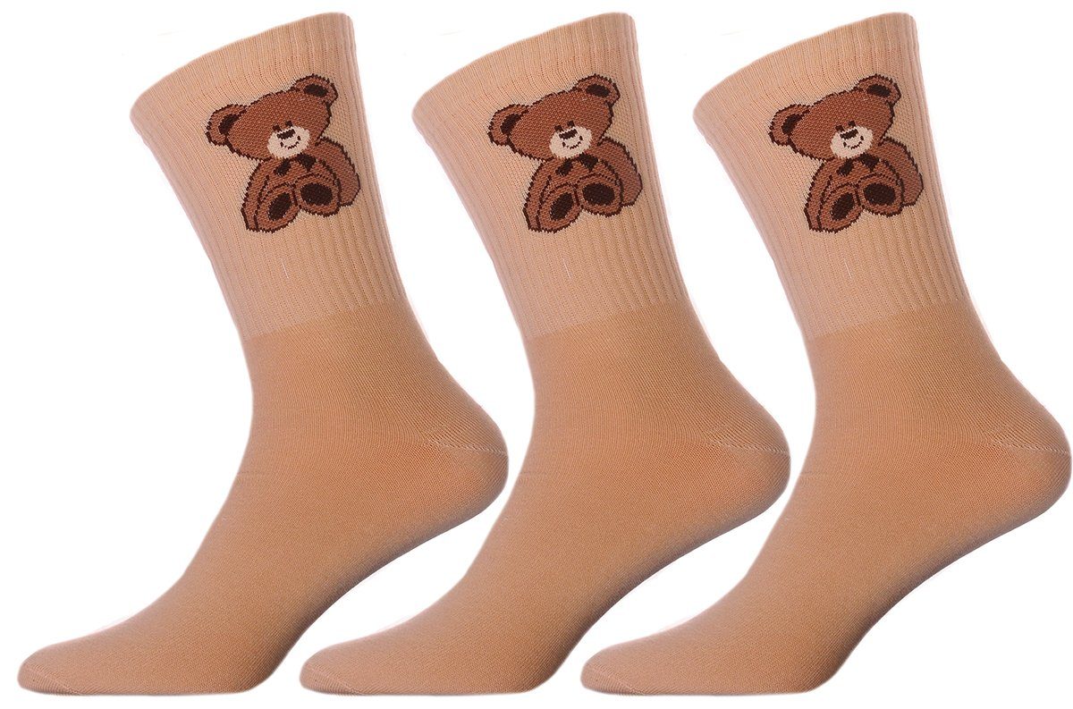 Martinex Freizeitsocken Socken 3er Pack Strümpfe in Beige gerippt mir Bären unisex elastisch, weich, mit Bärchen, 34 35 36 37 38 39 40 41