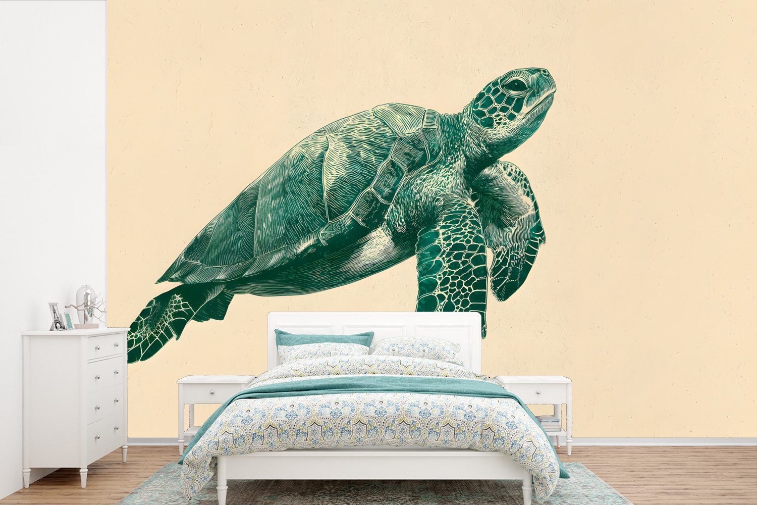 MuchoWow Fototapete Schildkröte - Elegant - Grün - Schild, Matt, bedruckt, Wallpaper für Wohnzimmer, Schlafzimmer, Vinyl Tapete, 390x260 cm