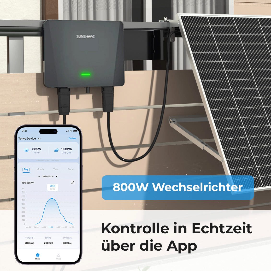 Sunshare Balkonkraftwerk Ray Lite 600 W mit Halterung - 3×200W Module, 200 W, Monokristallin N‑Typ TOPCon, (2-St., 600 W Balkonkraftwerk mit Mikro‑WR, WLAN und Halterungen), Effizient, schwachlichtstark, kompakt, modular bis 1200 W erweiterbar