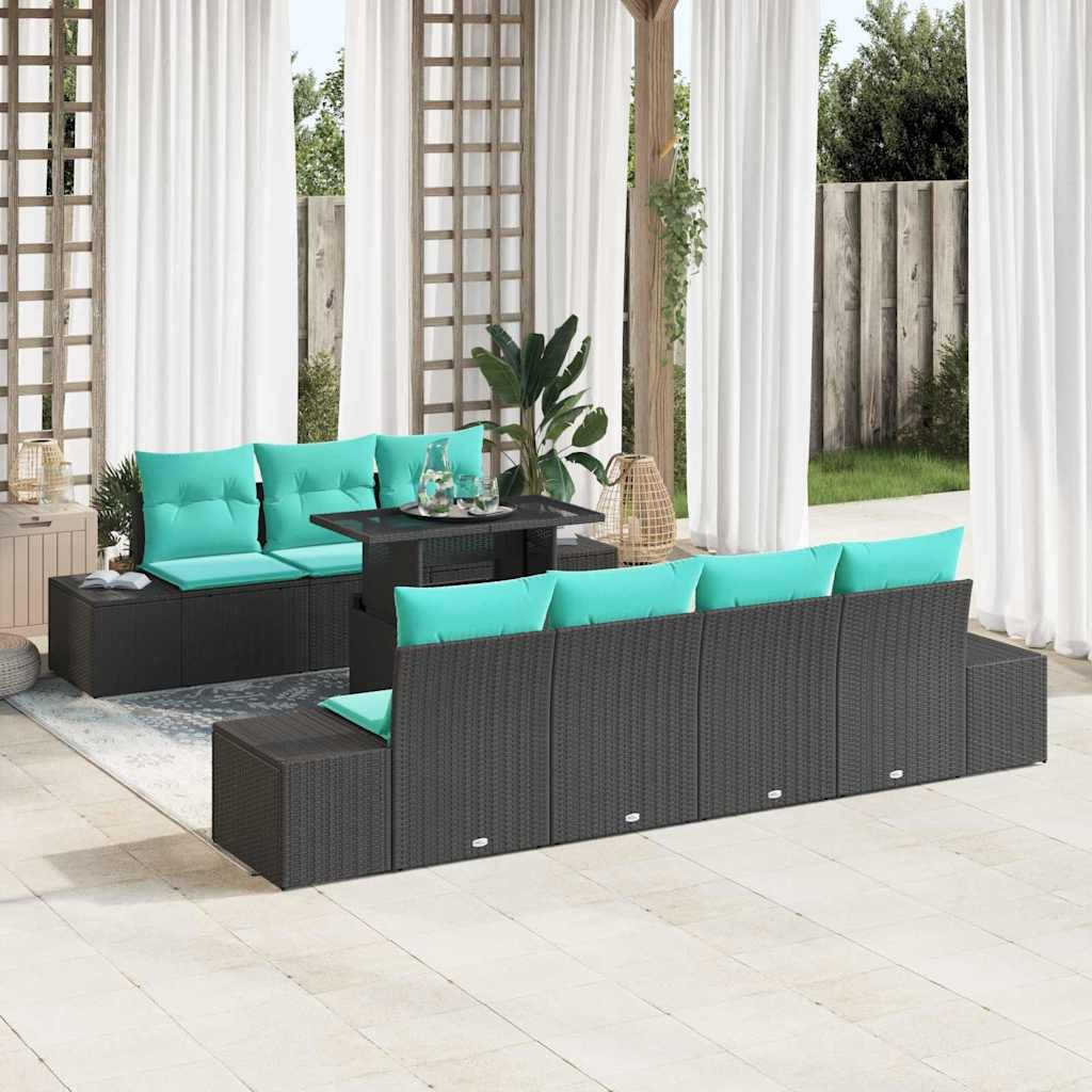 vidaXL Loungesofa Sofa Set 8 stk. 7-Sitzanzahl Schwarz und Blau Poly-Rattan, 8 Teile