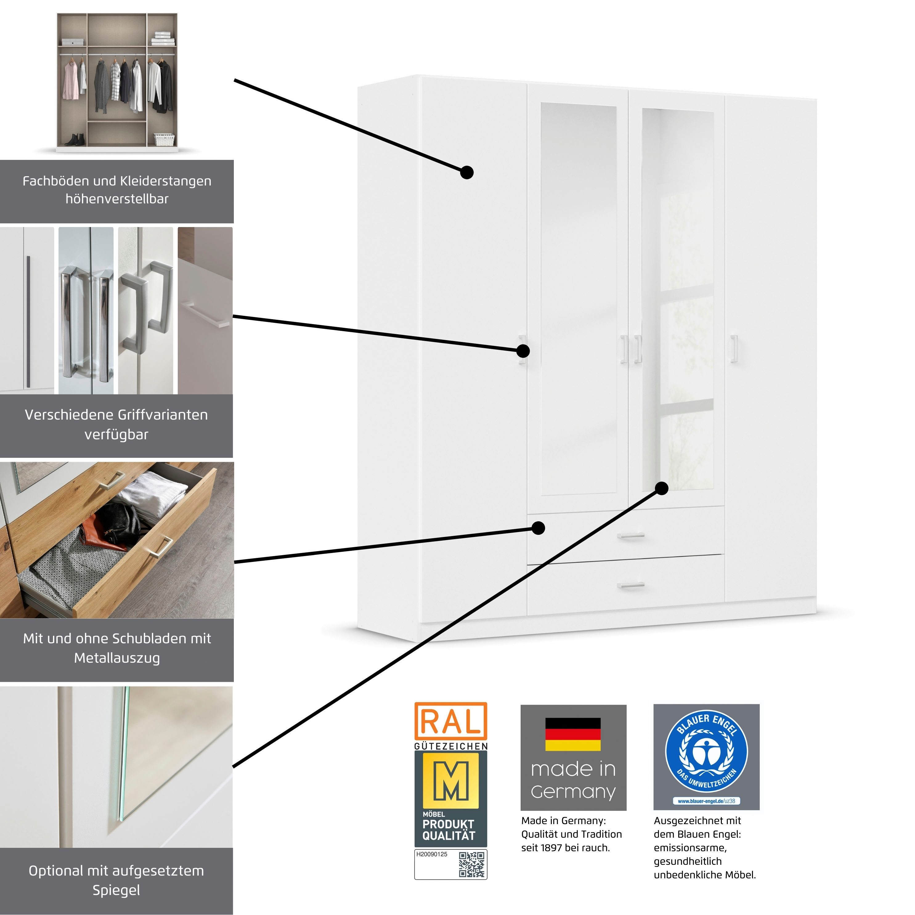 rauch Kleiderschrank Schrank Garderobe Ankleide GAMMA Breiten 91/136/181/226/271/315/360 cm (in 3 Ausstattungen BASIC/CLASSIC/PREMIUM (inkl. SOFT-CLOSE-Funktion – Bild 3 von 5