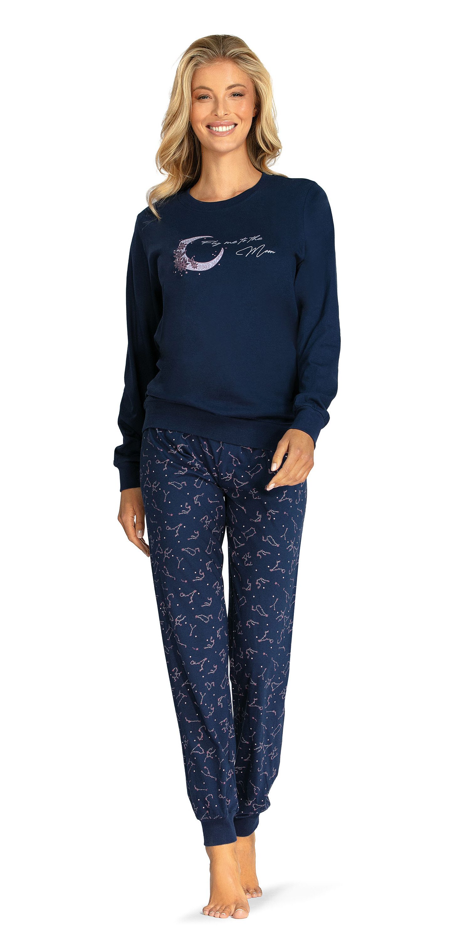 comtessa Schlafanzug Comtessa Damen Schlafanzug Langarm Bündchen Mond Marine (2 tlg)