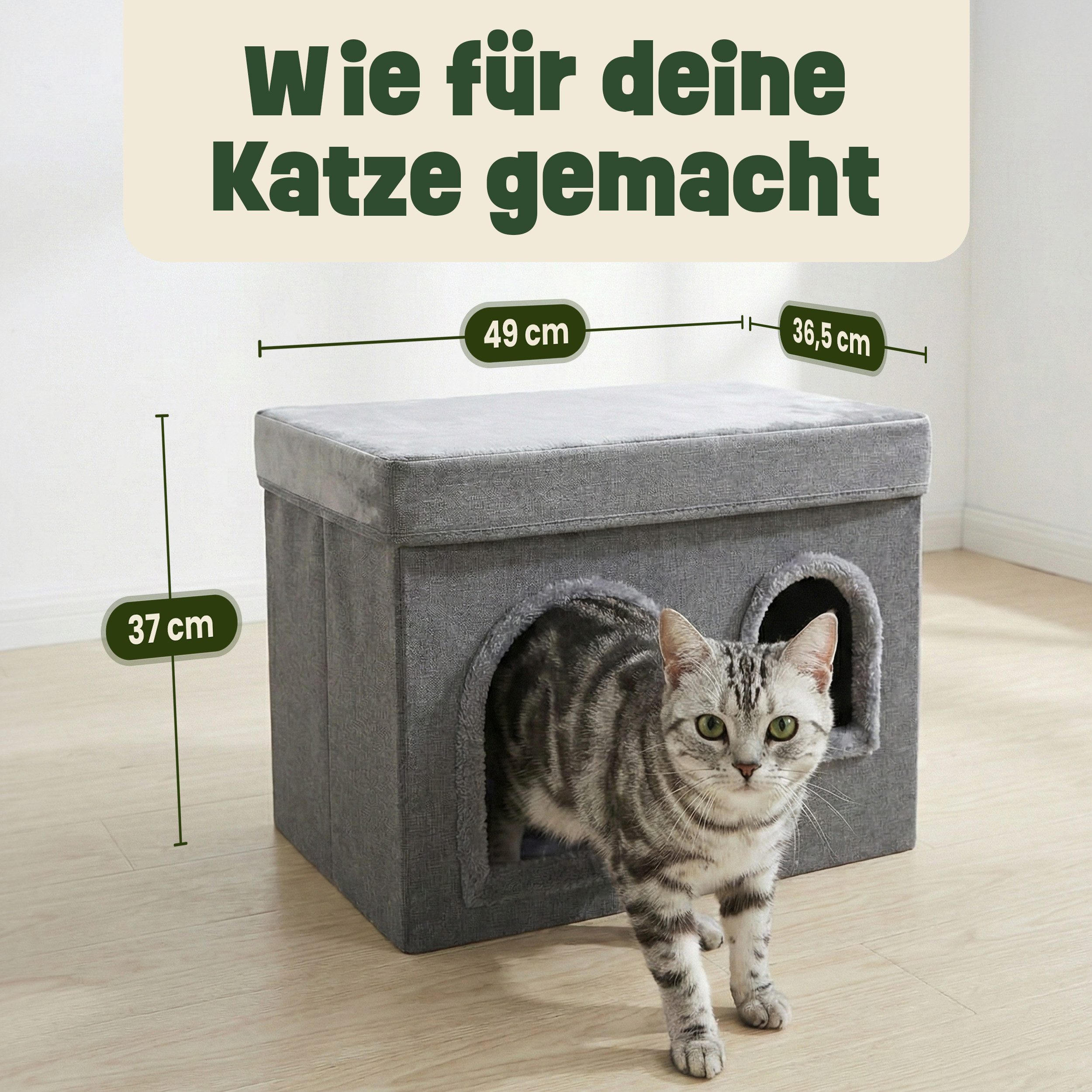 Zooprinz Katzenhaus Katzenhöhle Sammy, Fenster und Wendekissen, faltbar, stabil, 49 × 36,5 × 37 cm, Anti-Rutsch-Boden, Leinenstoff, Grau