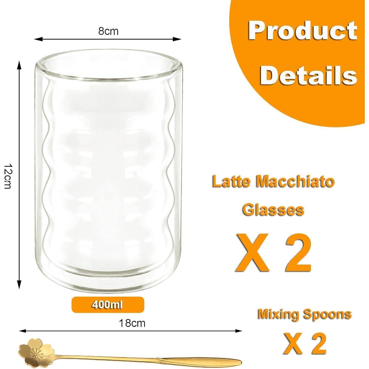 LuxusKollektion Latte-Macchiato-Glas Latte Macchiato Gläser Set 400ml Doppelwandig Thermogläser 2 Löffel