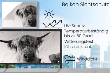 MuchoWow Balkonsichtschutz Schottischer Highlander - Schwarz - Weiß - Tiere (1-St) Balkonbanner, Sichtschutz für den Balkon, Robustes und wetterfest