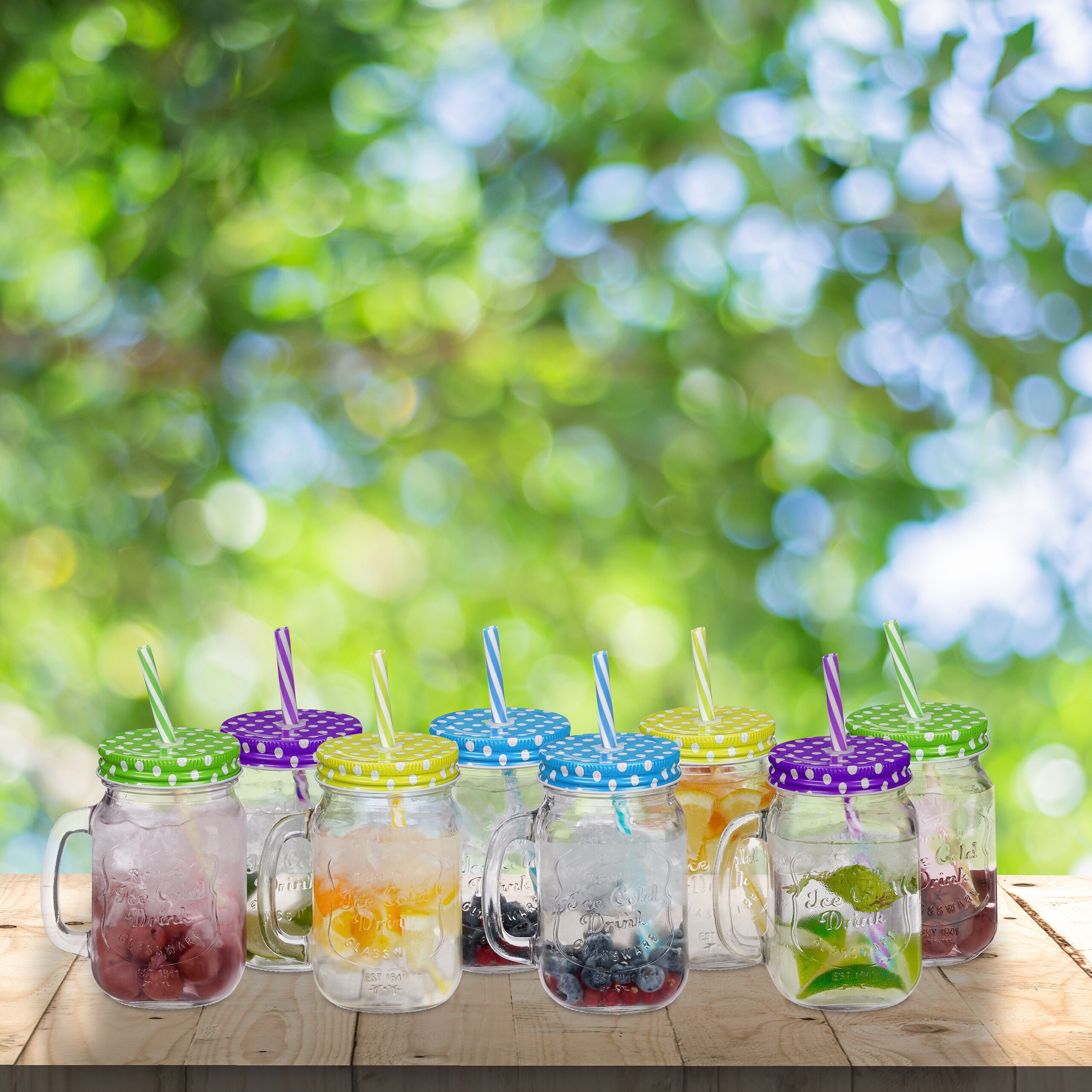 relaxdays Gläser-Set Bunte Trinkgläser mit Deckel 4er Set, Glas