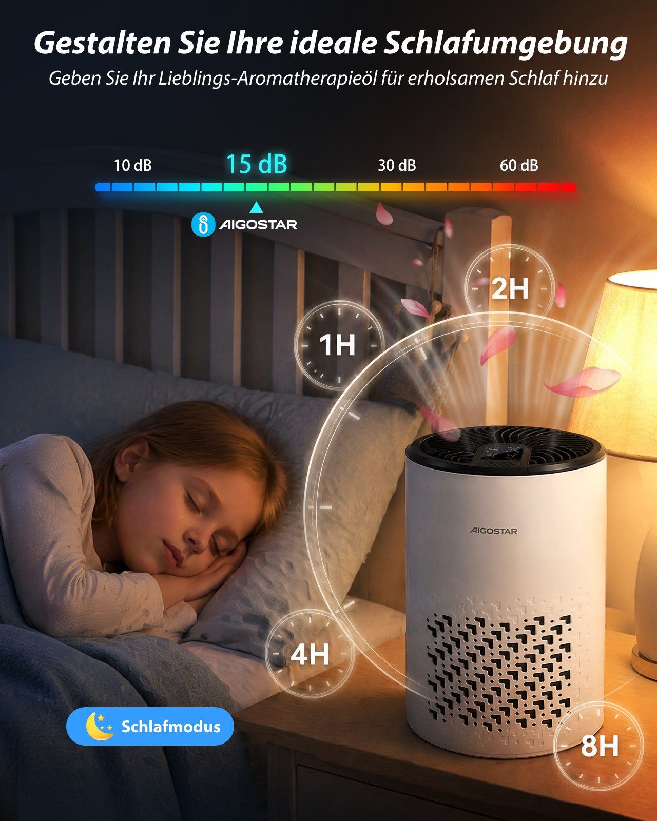 Aigostar Luftfilter 15dB Luftreiniger Energiesparend, 4-fach HEPA-Filter& Profi-Aktivkohle, 15dB Air Purifier, mit Schlafmodus, Aromatherapie, Energiesparend – Bild 3 von 5