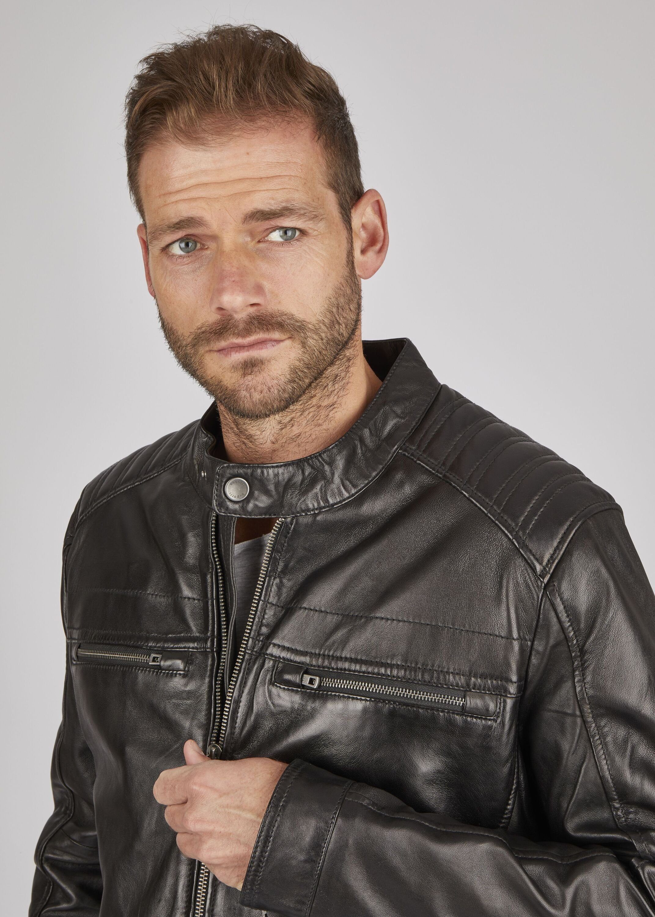 bugatti Lederjacke BUAMADEO (1-St) mit Stehkragen und Druckknopfriegel