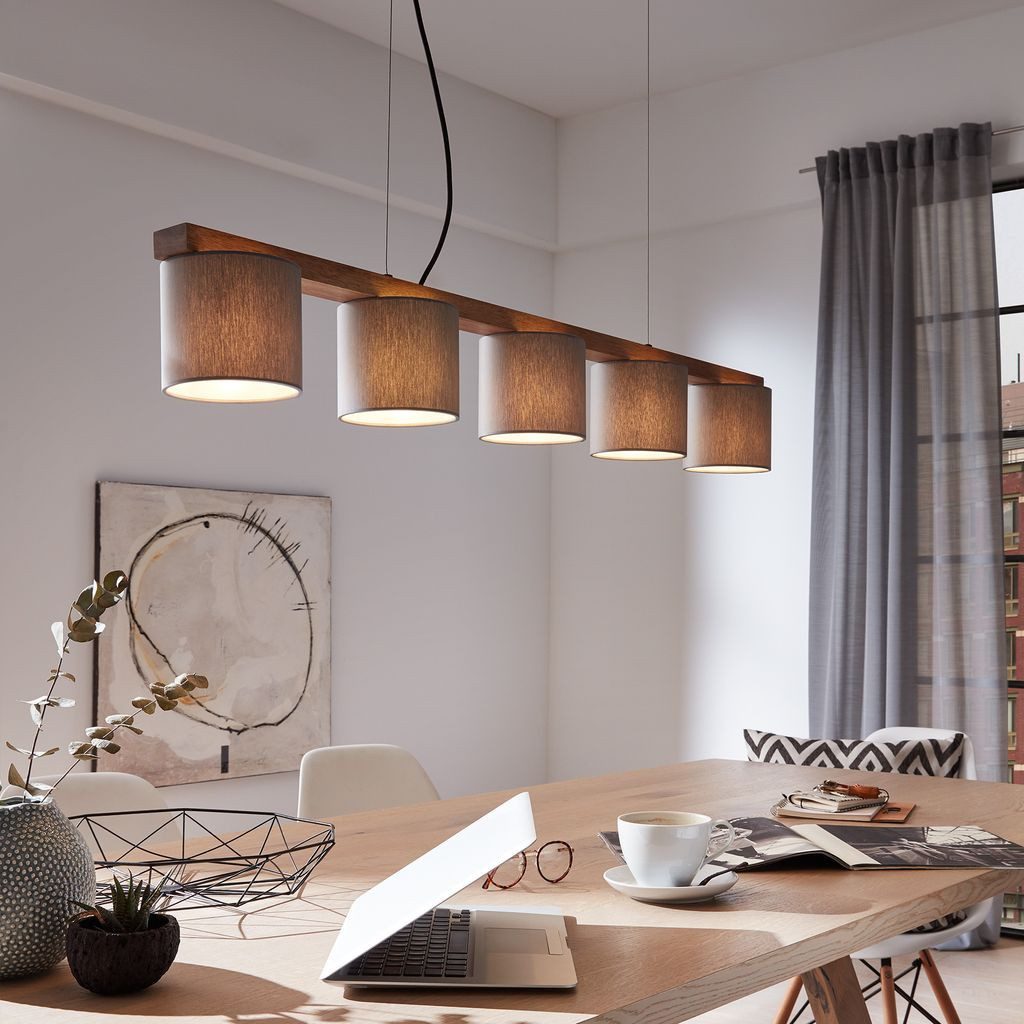 Briloner Leuchten LED Pendelleuchte 4075-054, ohne Leuchtmittel, 2700K - Extra-Warmweiß, Pendellampe, Stoffschirm, höhenverstellbar, grau, aus Metall und Holz