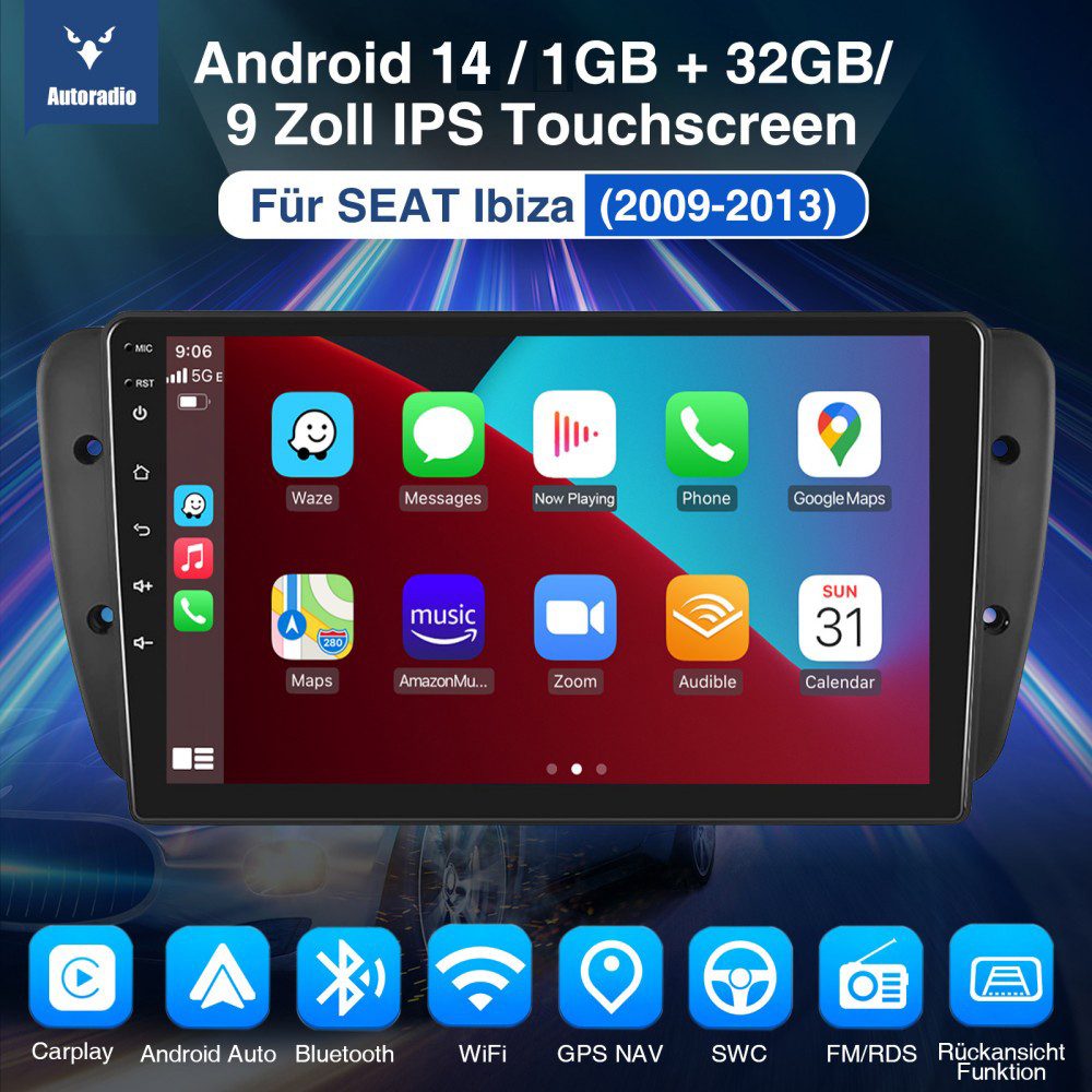 ESSGOO 64/128G Für Seat Ibiza IV 6J 2009-13 Android 15 Carplay GPS Navi RDS Autoradio (RDS, 4+64GB(optional), FM, AM, DAB+ (optional), GPS Navi Android Auto Bluetooth EQ USB WIFI IPS Touchscreen)