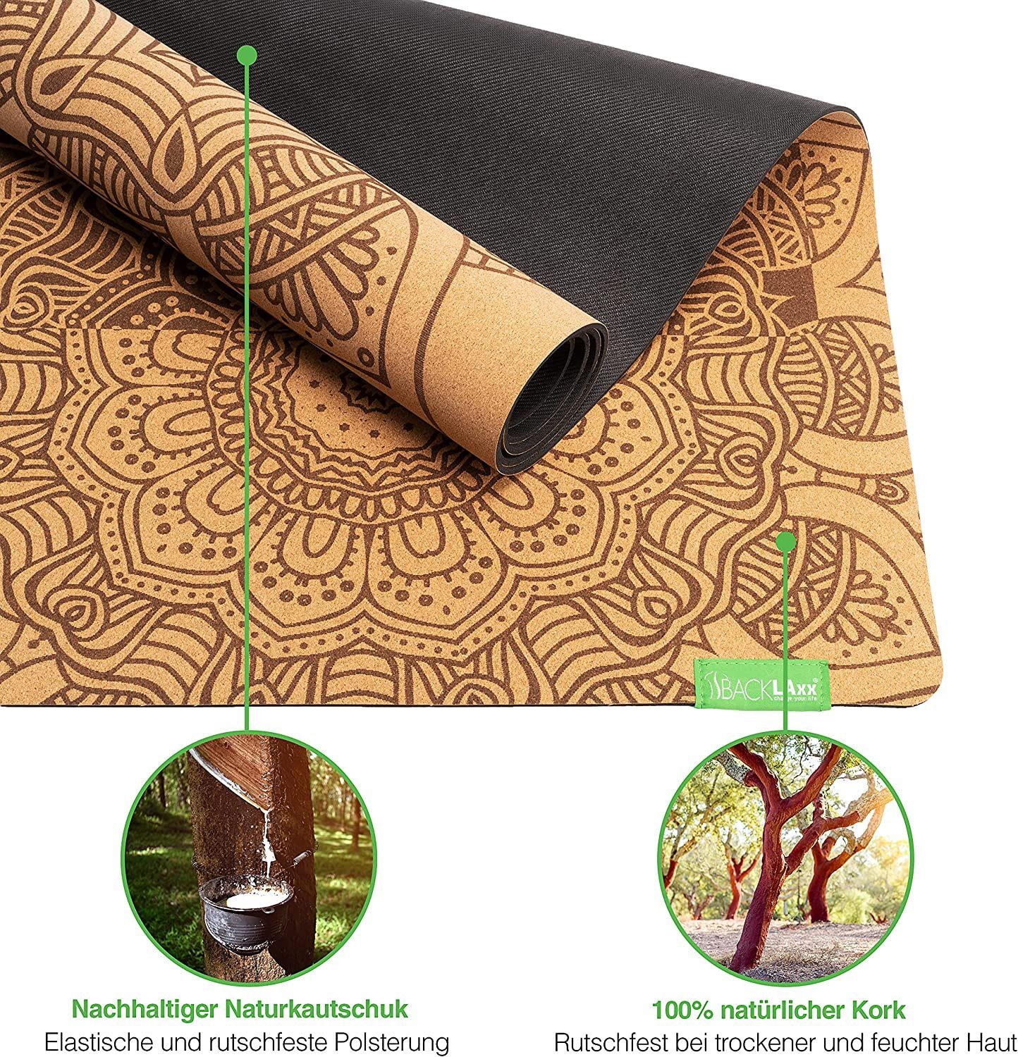 BACKLAxx® Yogamatte aus hochwertigem Kork, Gymnastikmatte 183 x 61 x 0,6 cm (Fitnessmatte aus Kork, inkl. Tragegurt & Videokurs), 4 mm stark, aus natürlichen Ro – Bild 4 von 5