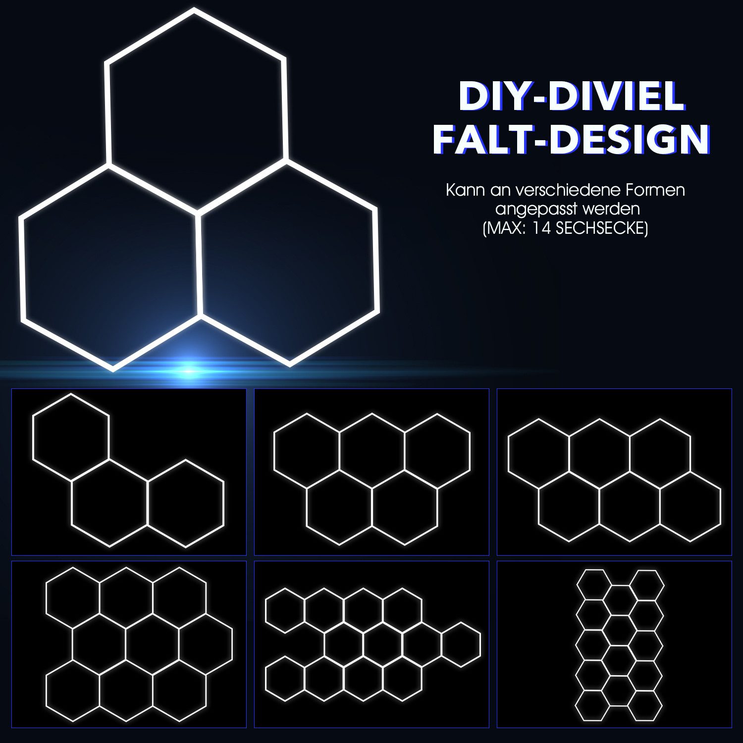 oyajia LED Dekolicht 14er-Pack Hexagon LED Garagenleuchte, Rahmen/Blau, LED Garage Light, Kaltweiß+Blau, DIY LED Dekolicht für Garage Studio Friseursalons Auto- – Bild 4 von 5