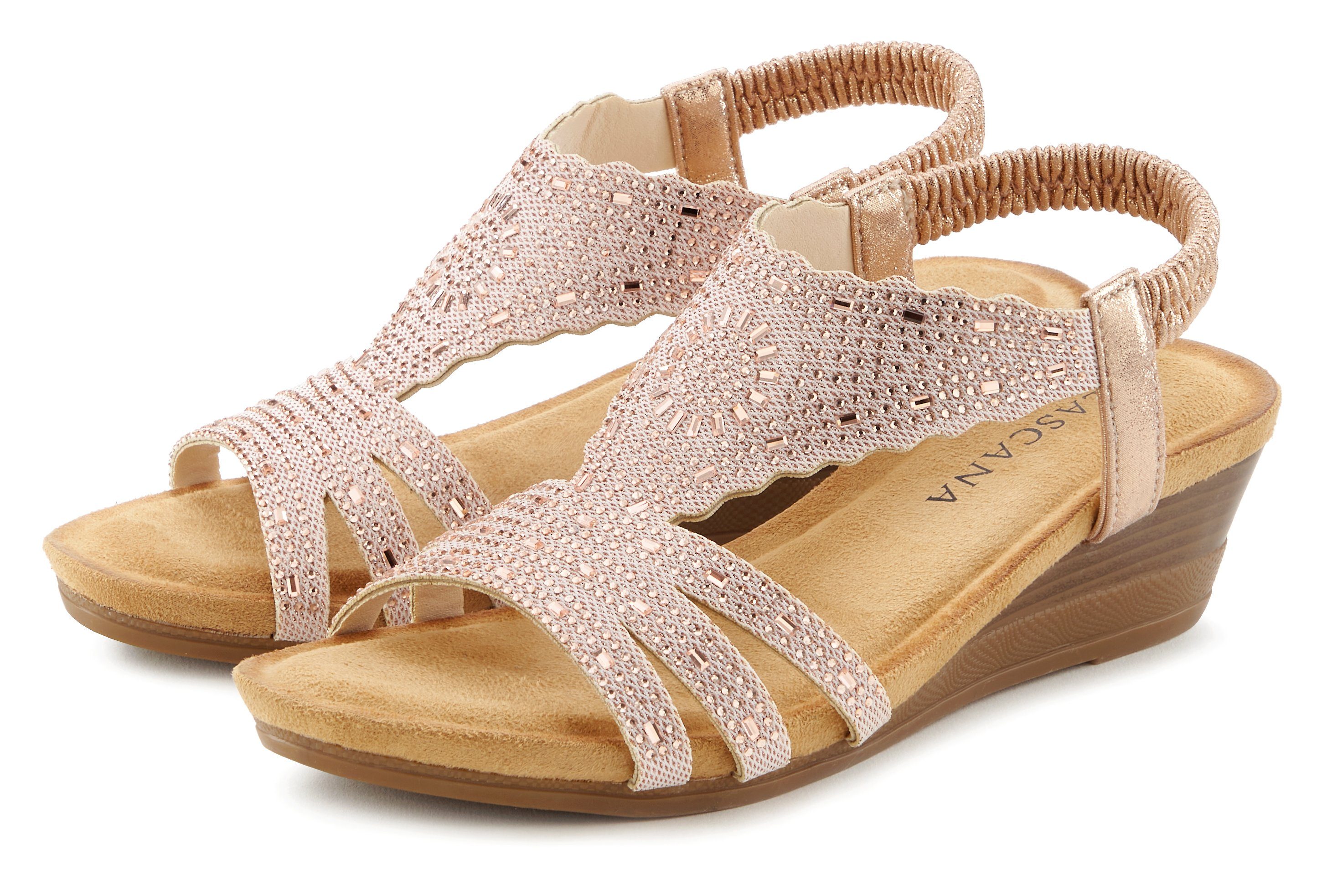 LASCANA Elegante Sommer‑Sandalette Keilsandalette mit Glitzerdetails, Keilabsatz & elastischem Riemchen