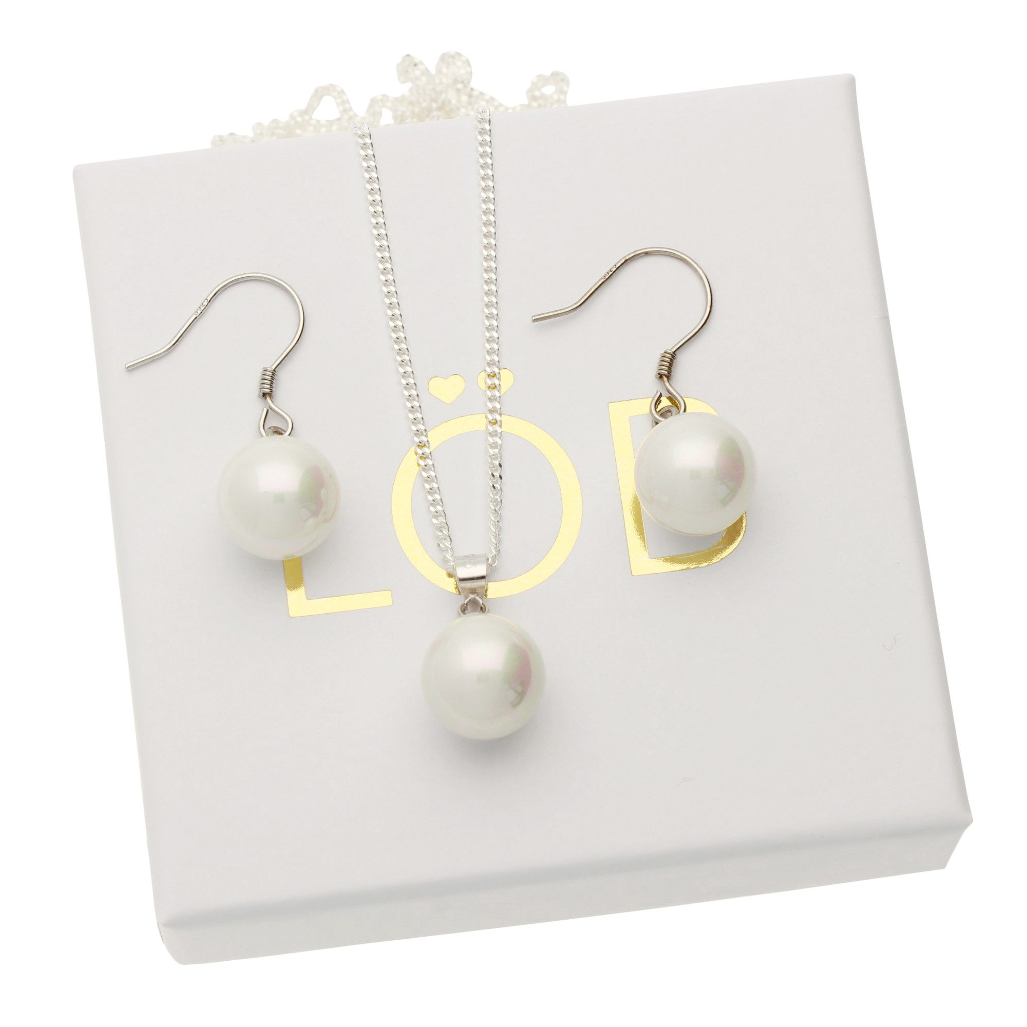 LÖB Ohrring und Ketten Set 925 Silber Halskette Ohrringe Hängend Set Perlen Anhänger Schmuckset (Geschenke für Frauen Beste Freundin Mutter Mama Damen Ehefrau sie zum Geburtstag Ostern Muttertag Muttertagsgeschenk, Inkl. Schmuckbox), Perlenohrringe Kette Brautschmuck Ohrhänger Tropfen Tropfenform Weiß